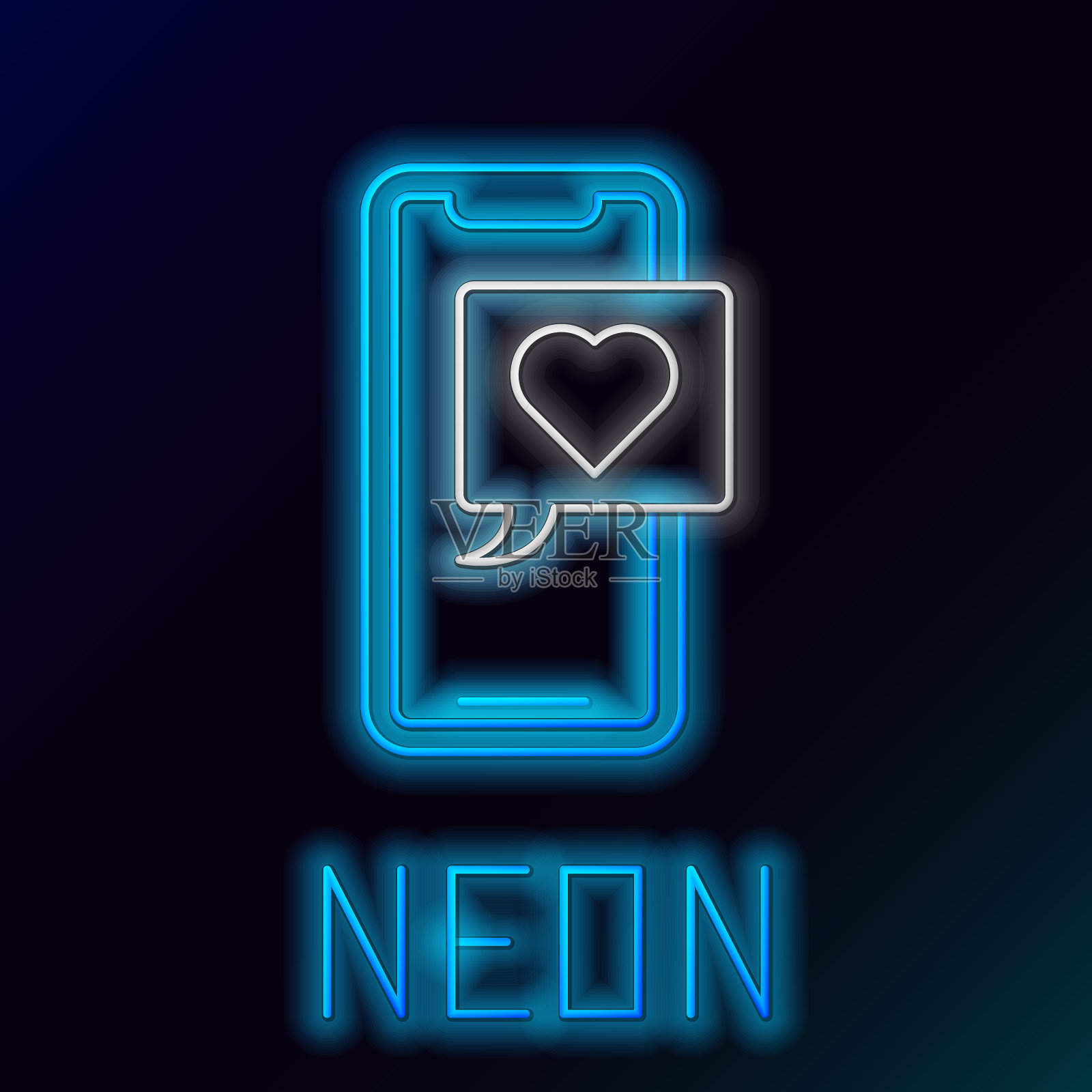 发光的霓虹灯线智能手机与心脏表情符号语音气泡得到信息的屏幕图标孤立的黑色背景。情人节。色彩缤纷的轮廓概念。向量插画图片素材