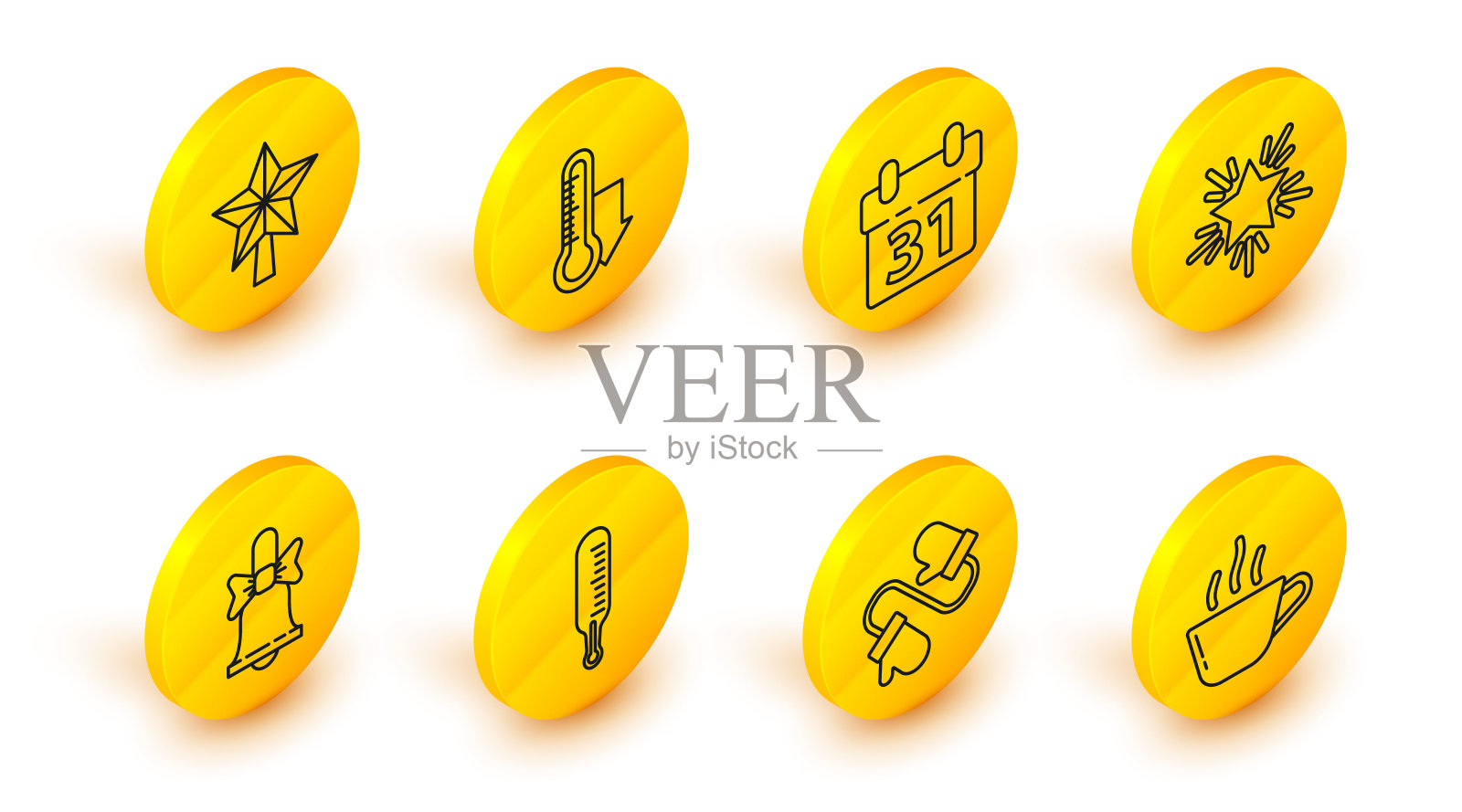 集线咖啡杯，对针织圣诞连指手套，气象温度计测量，圣诞快乐的钟声，星星，日历，和图标。向量插画图片素材