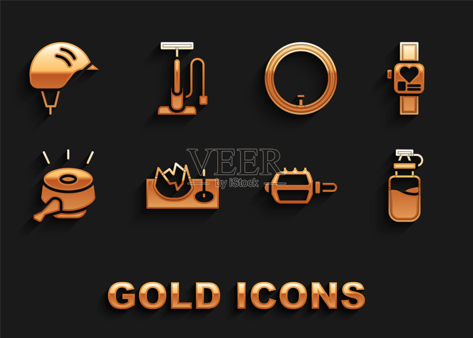 设置自行车在街道坡道，智能手表，运动瓶与水，脚踏，铃铛，车轮，头盔和气泵图标。向量插画图片素材