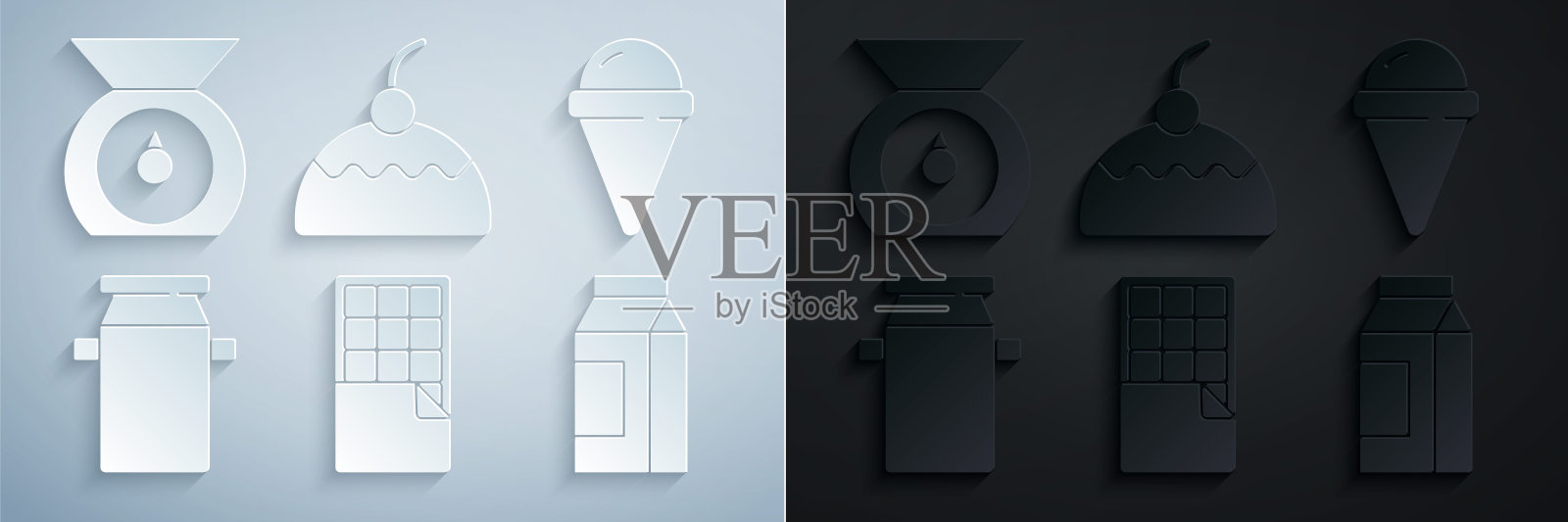 设置巧克力棒，冰淇淋在华夫蛋筒，牛奶罐头容器，纸包装，蛋糕和天平图标。向量插画图片素材