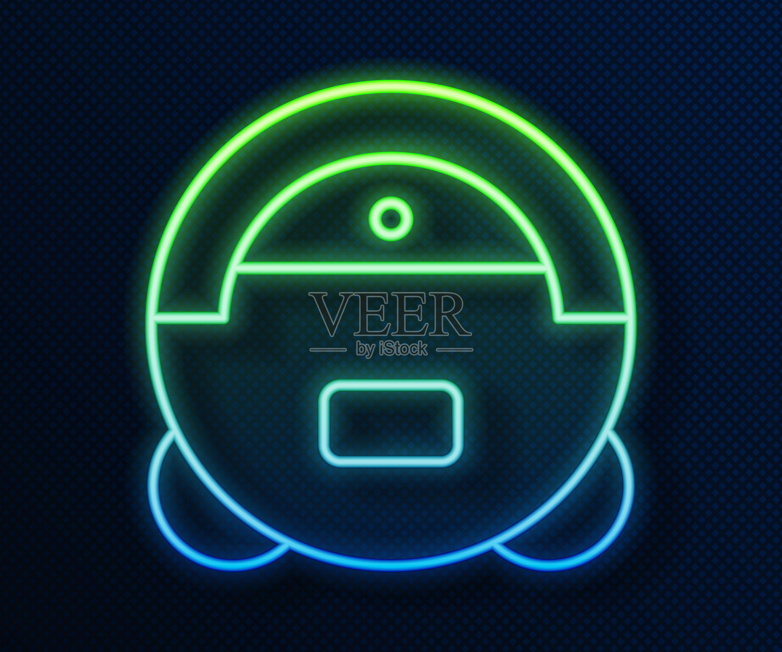 发光的霓虹线机器人真空吸尘器图标孤立的蓝色背景。家用智能自动吸尘设备，数字家居清洁设备。向量插画图片素材