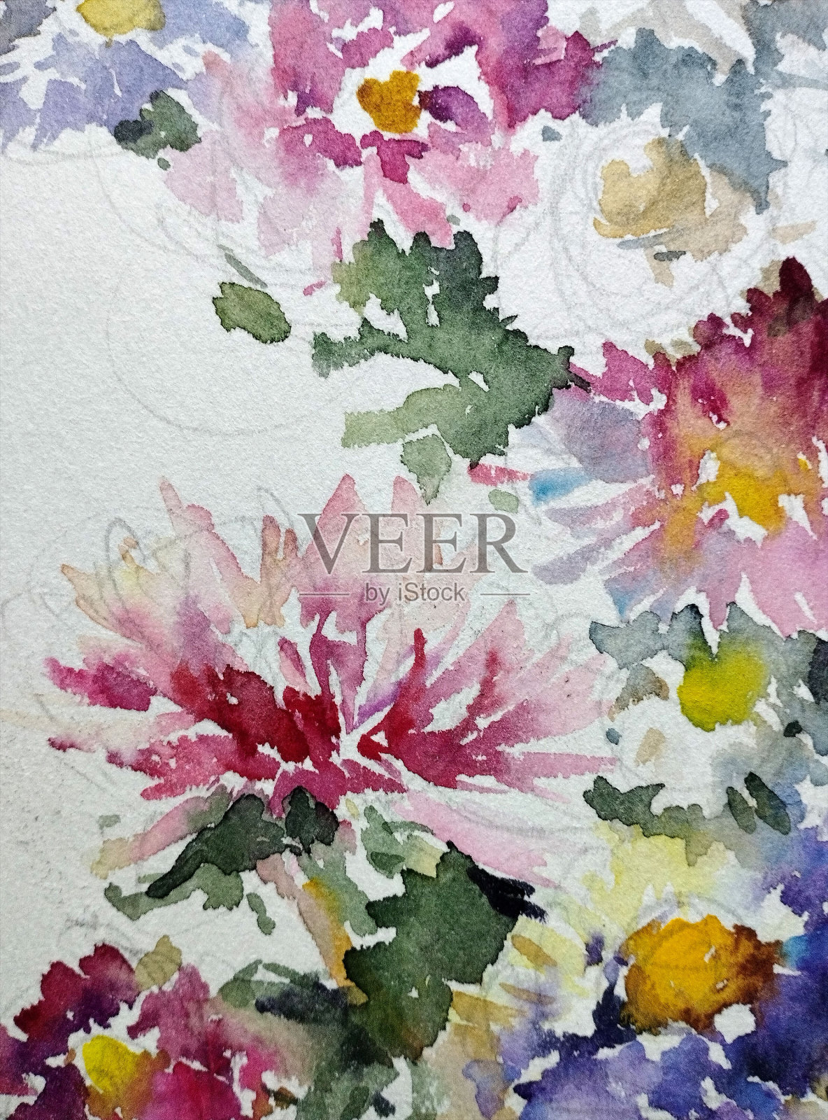 抽象明亮的彩色装饰背景。手工花卉图案。美丽温柔浪漫的花束插画图片素材