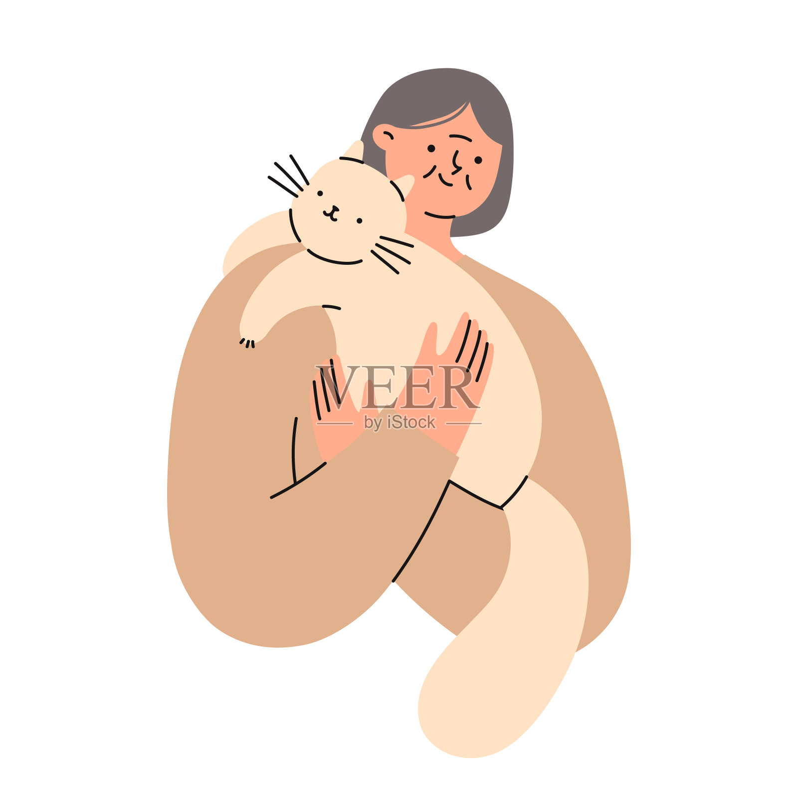 老妇人和她的宠物猫。快乐的家畜主人。平面矢量插图。插画图片素材