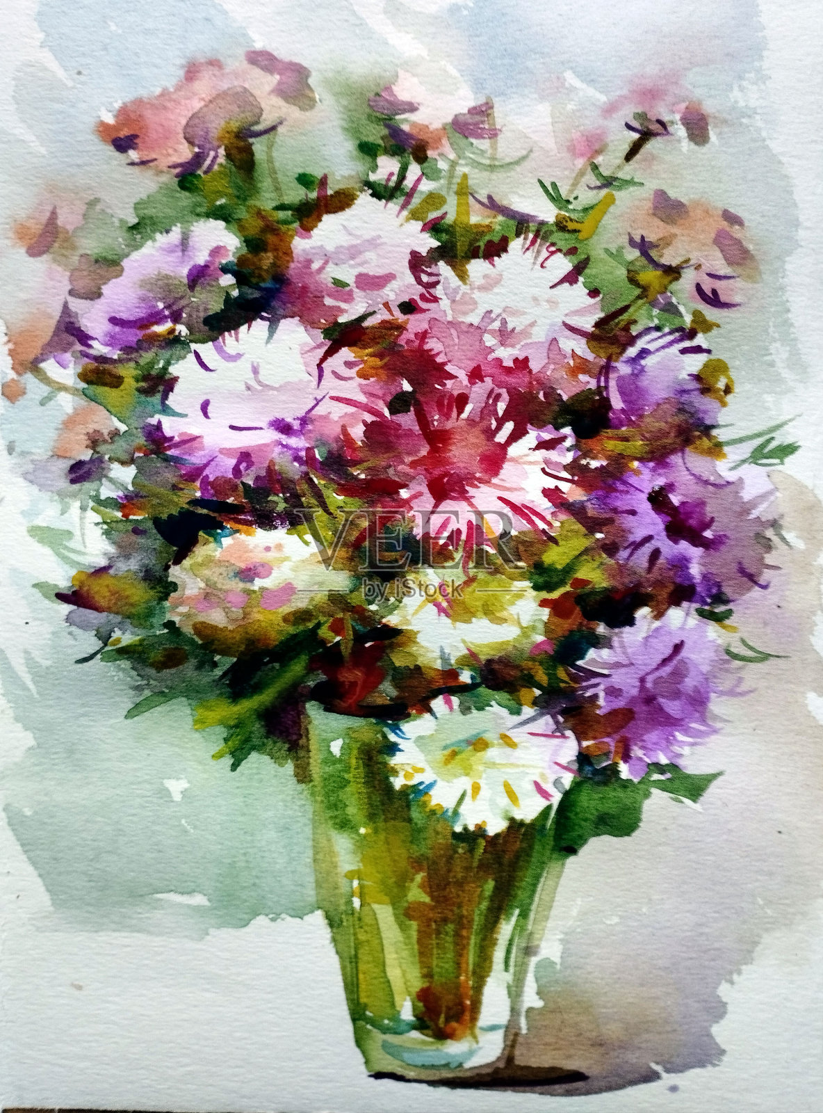 抽象明亮的彩色装饰背景。手工花卉图案。美丽温柔浪漫的花束插画图片素材