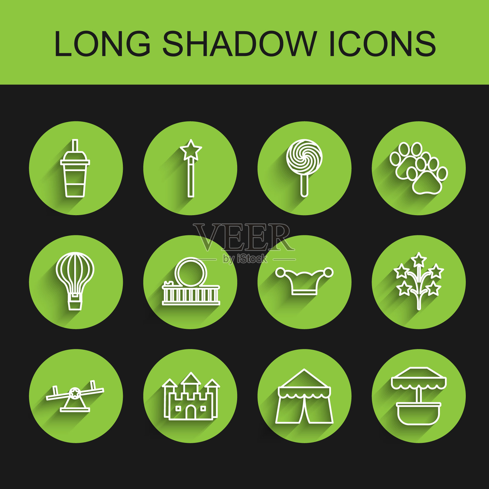 设置线跷跷板，城堡，纸玻璃与饮用吸管和水，马戏团帐篷，景点旋转木马，过山车，烟花和小丑帽钟图标。向量插画图片素材