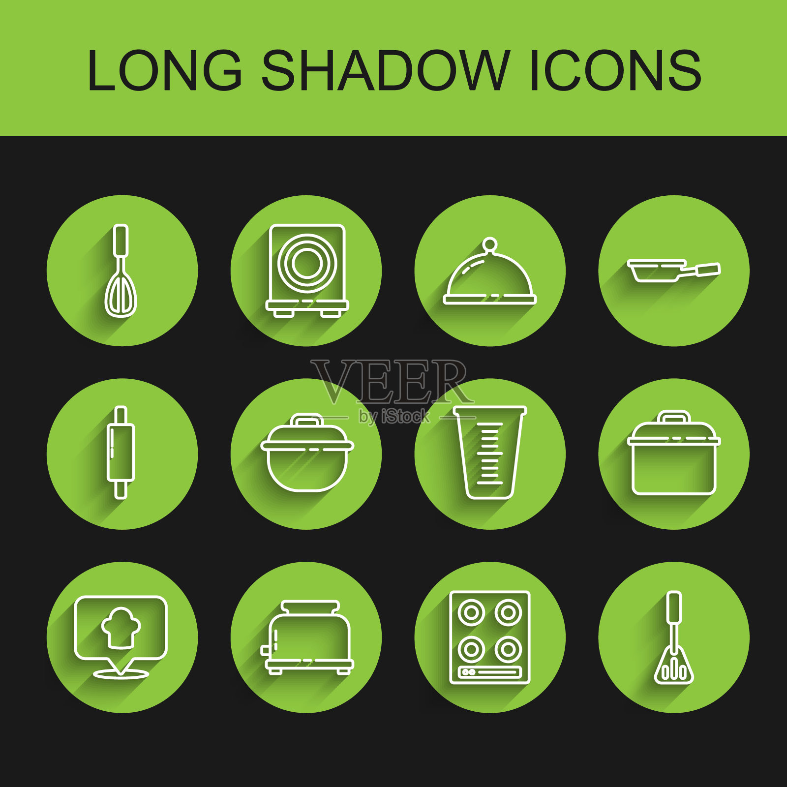 设置线厨师帽子与位置，烤面包机，厨房搅拌器，煤气灶，锅铲，烹饪锅，和量杯图标。向量插画图片素材