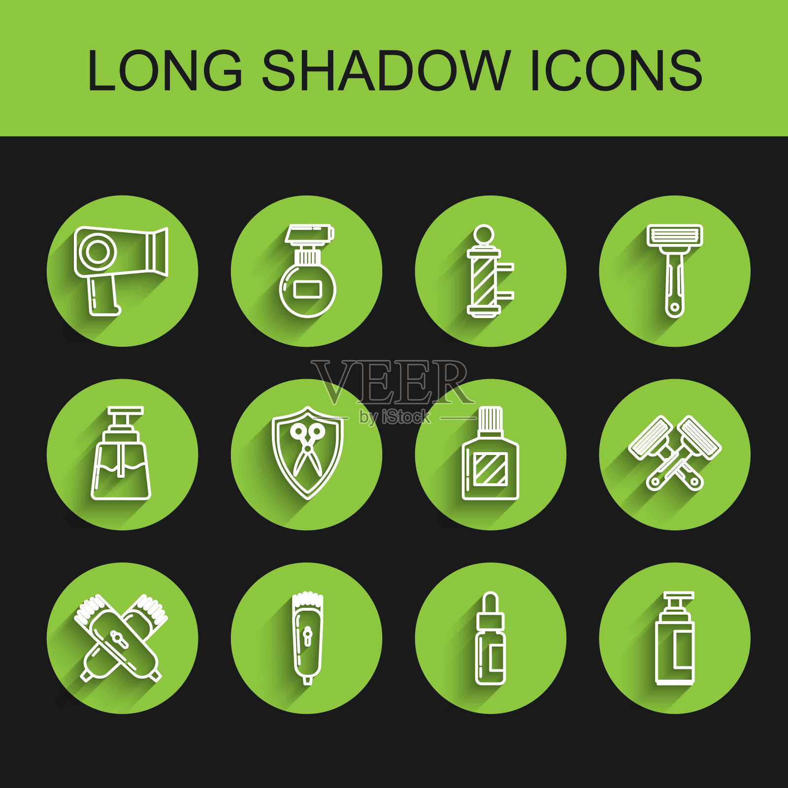 设定线交叉电动剪发器或剃须刀，吹风机，带移液器的玻璃瓶，奶油乳液化妆品管，剪刀理发器和盾牌，剃须刀和须后水图标。向量插画图片素材