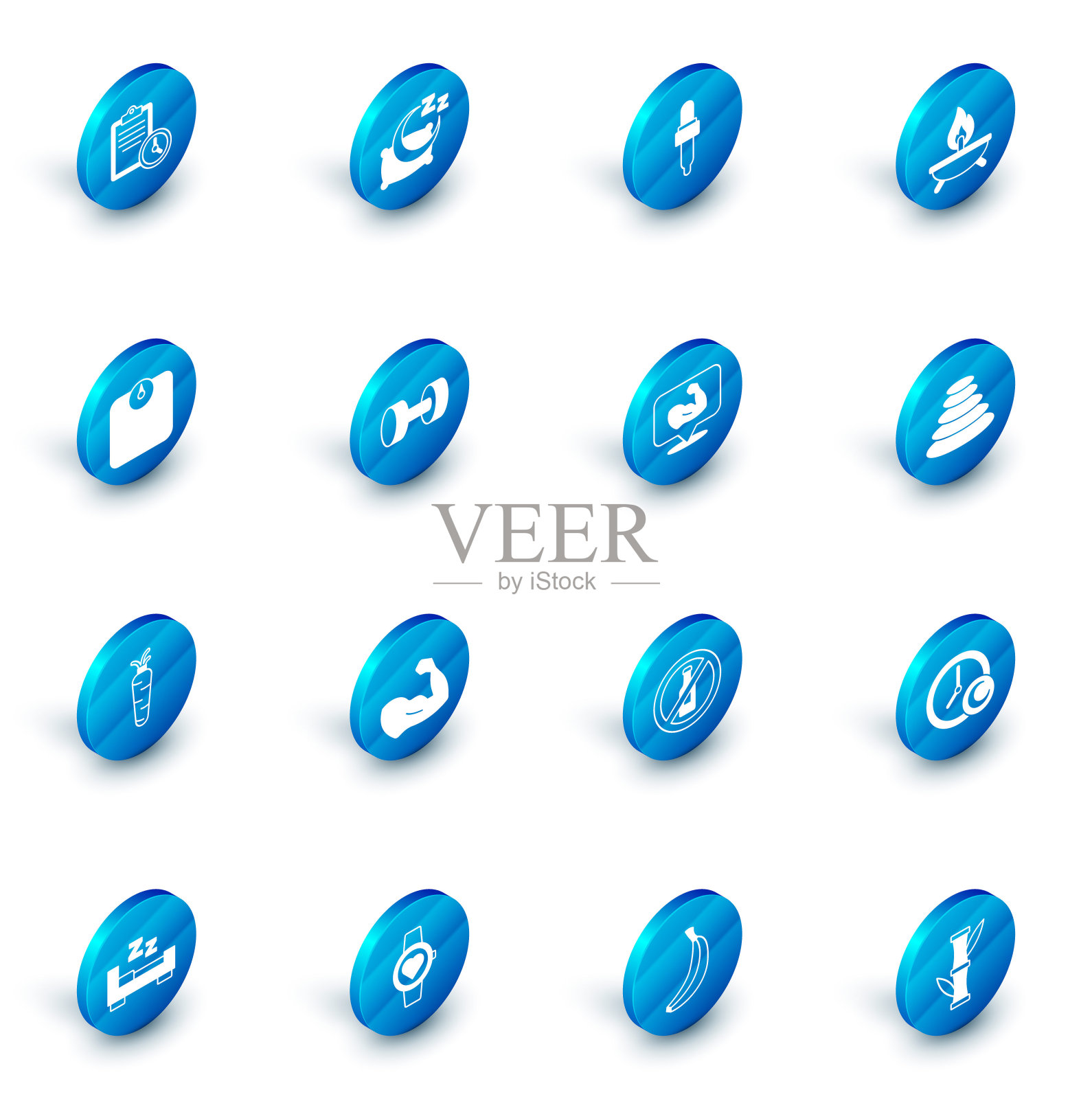 设置时间睡觉，移液器与油，芳香蜡烛，浴室秤，胡萝卜，哑铃，堆栈热石和健美运动员的肌肉图标。向量插画图片素材