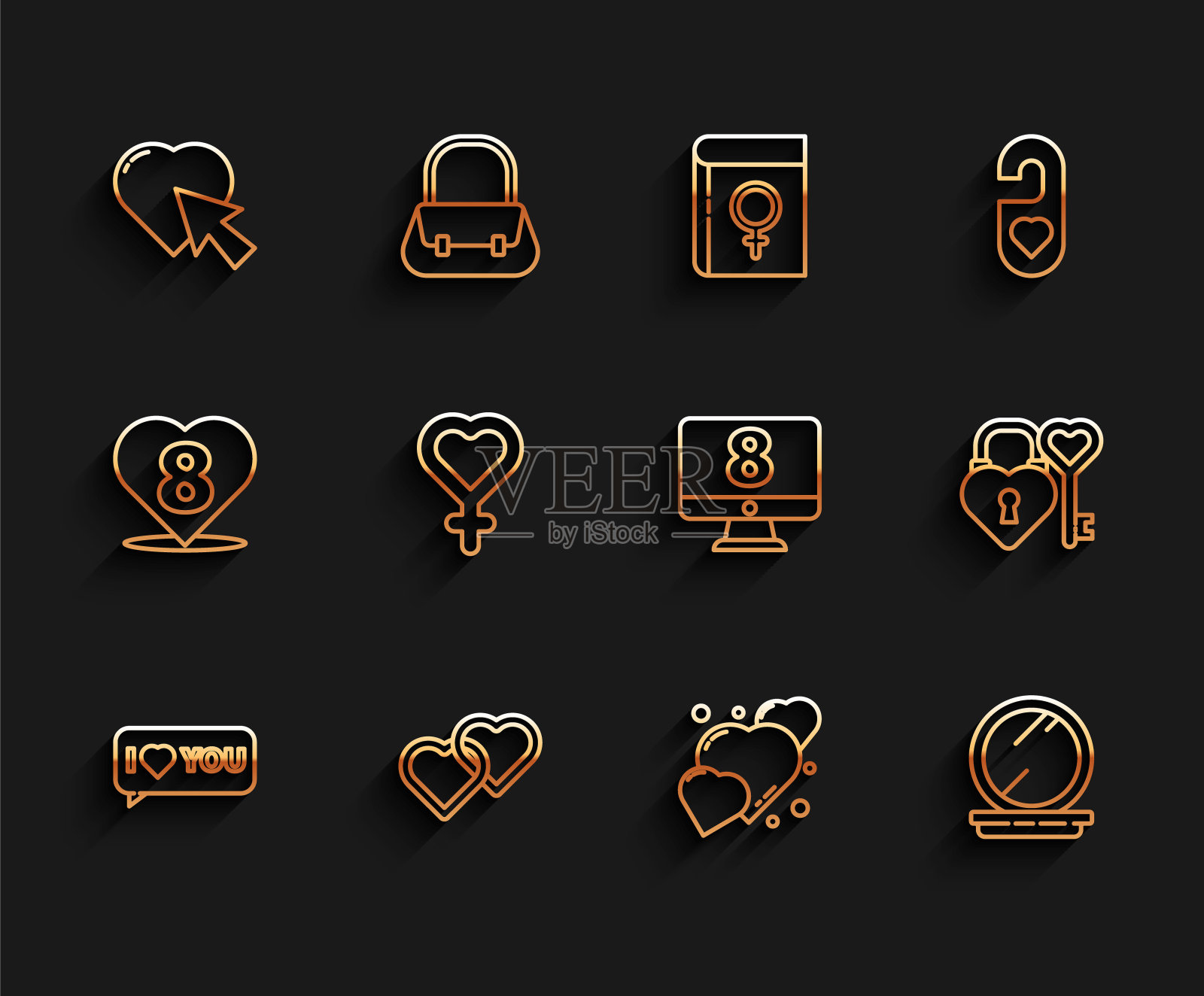 设置线语音气泡，我爱你，两颗相连的心，鼠标点击，化妆粉镜子，女性性别符号，城堡钥匙心形和3月8日的监视器图标。向量插画图片素材