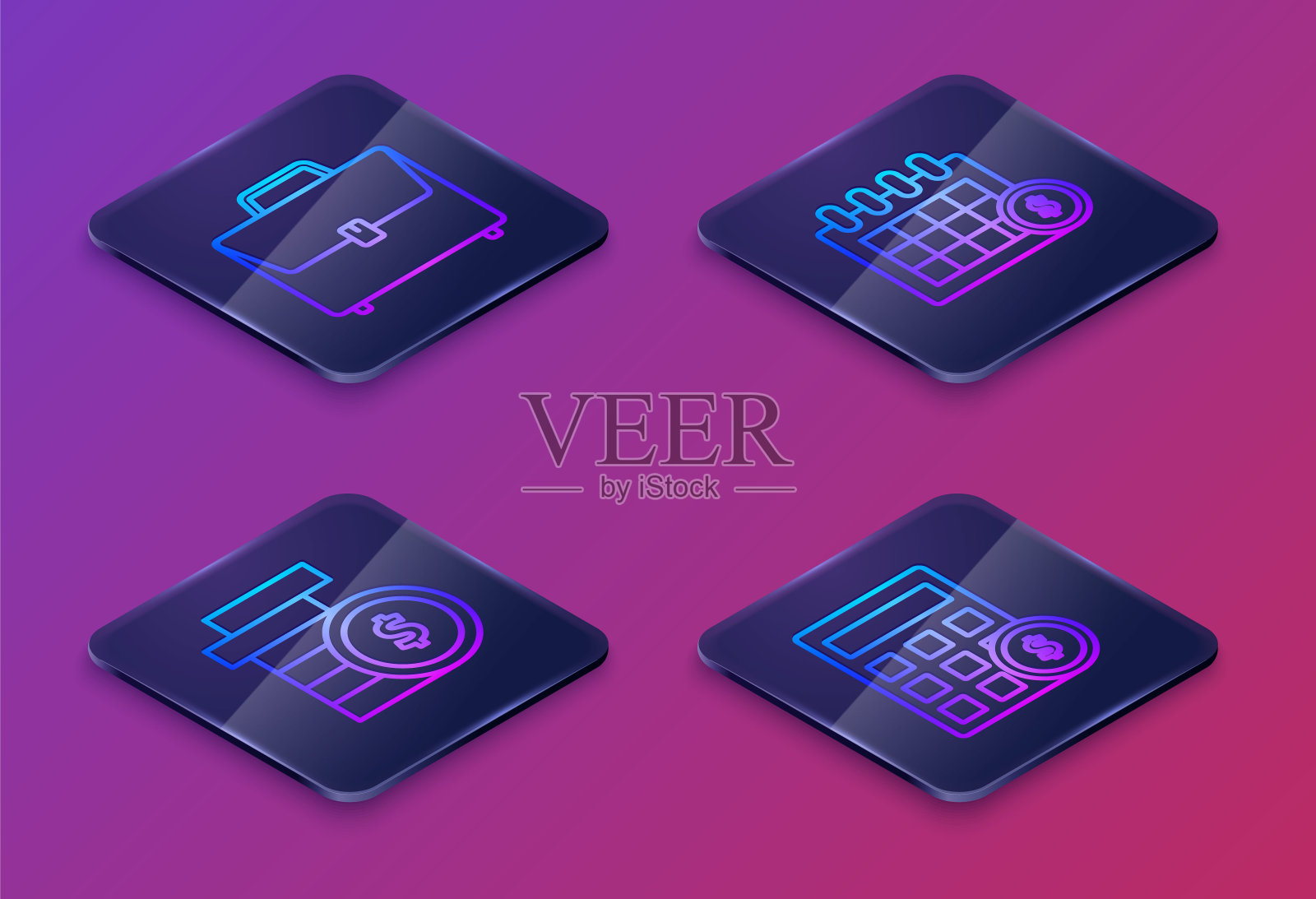 集等距线公文包，硬币与美元符号，财务日历和计算器与美元符号。蓝色方形按钮。向量插画图片素材