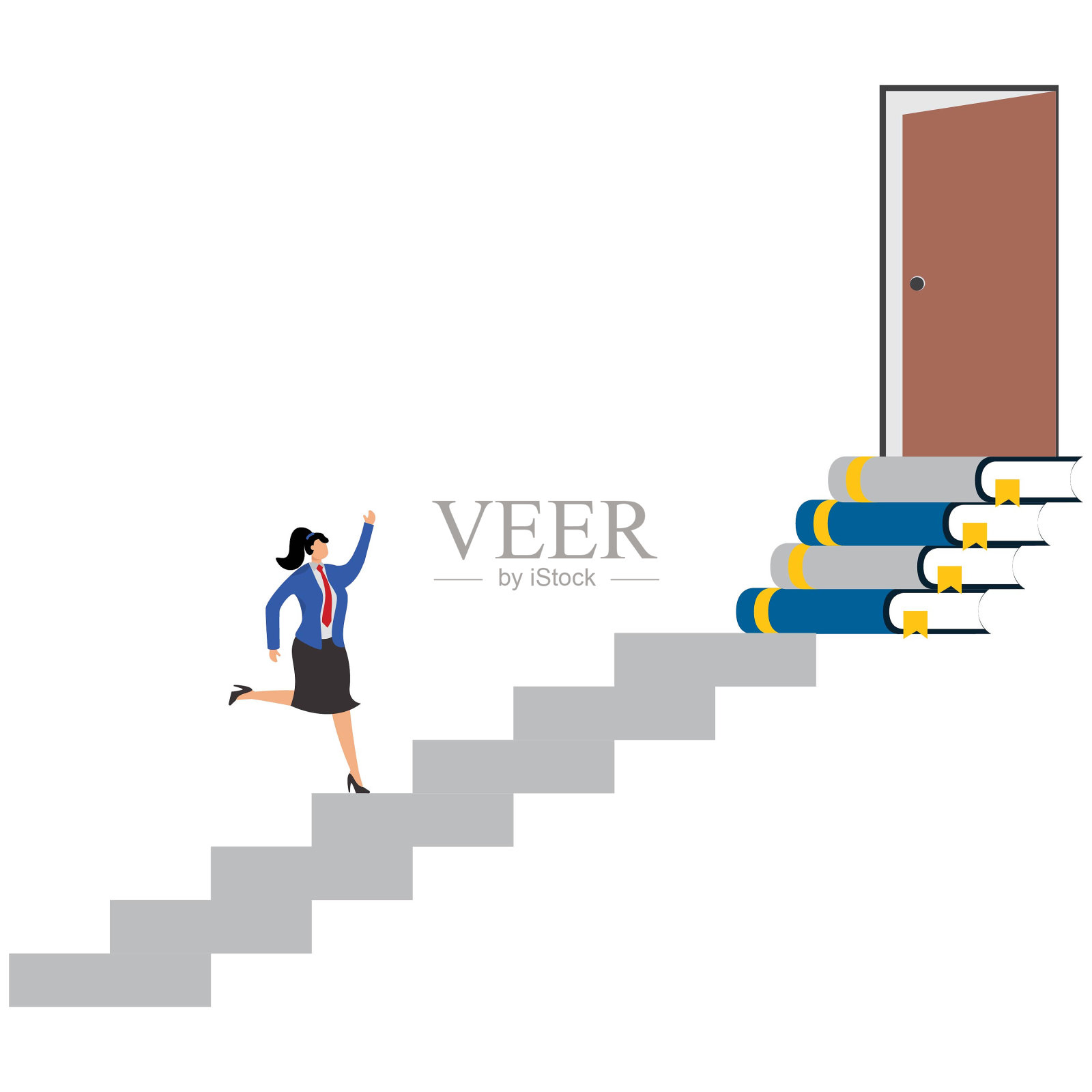 教育或学习为新的机会，智慧或知识打开成功之门，解决方案，成长或职业学习理念，女商人爬上书堆楼梯到达机会之门插画图片素材