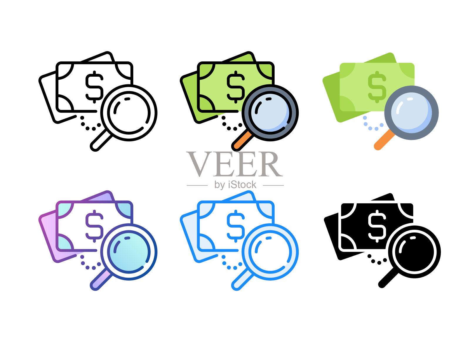 金钱带有放大镜图标。6不同的风格。可编辑的中风。插画图片素材