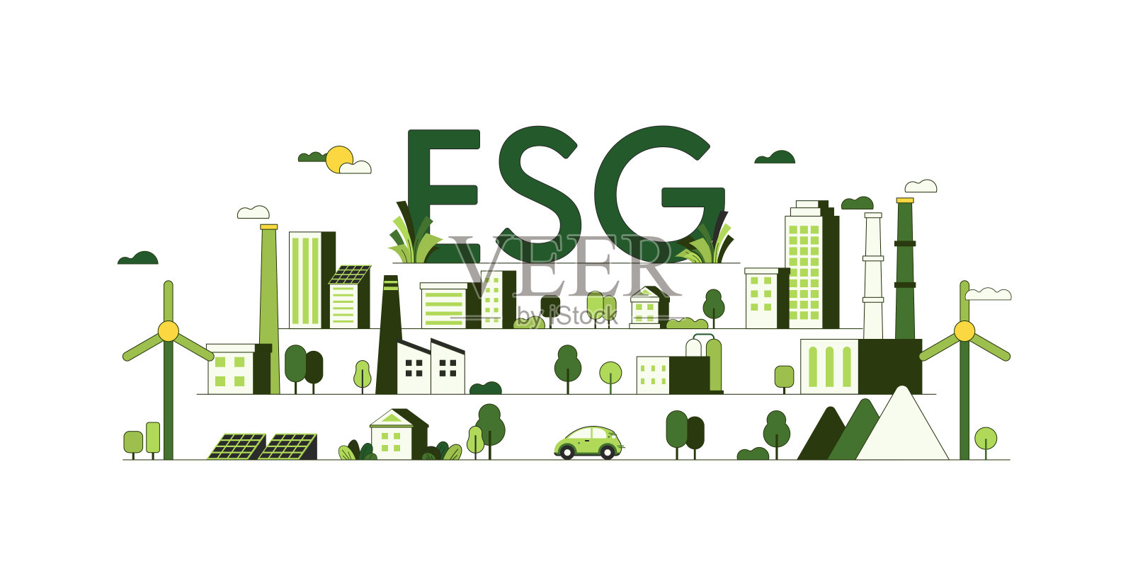可持续的绿色生态环境理念。ESG是环境、社会和治理的概念。平面矢量插图。插画图片素材