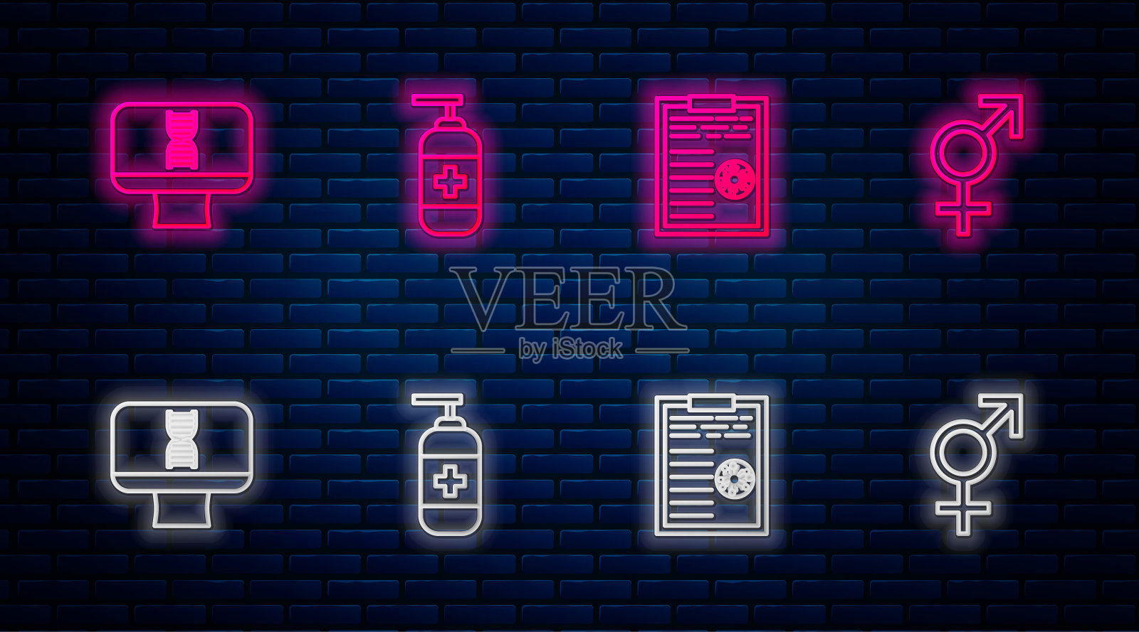 设置线瓶液体抗菌皂，剪贴板与血液测试结果，DNA螺旋和计算机和性别。砖墙上发光的霓虹灯图标。向量插画图片素材