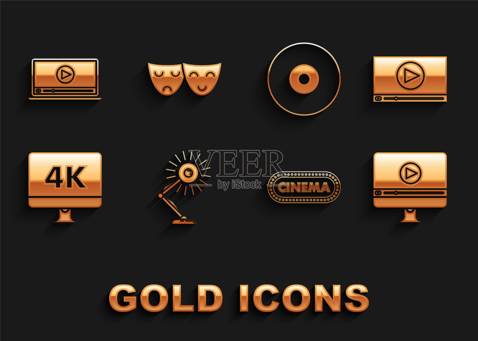 集台灯，在线播放视频，电影院海报设计模板，电脑PC显示器与4k技术，CD DVD光盘，喜剧和悲剧戏剧面具图标。向量插画图片素材