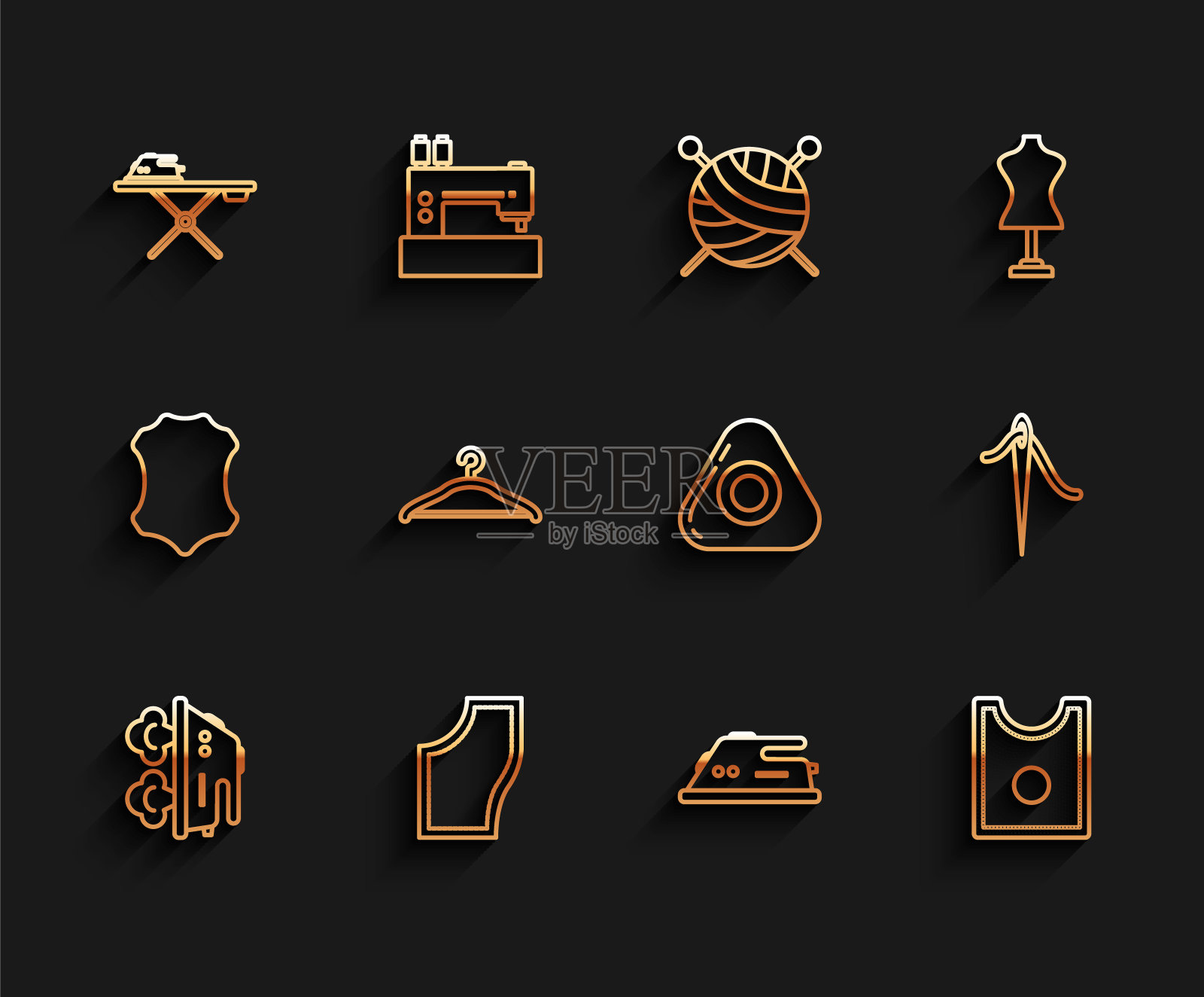 集线电熨斗，缝纫图案，和熨衣板，衣架衣柜，针线和粉笔图标。向量插画图片素材