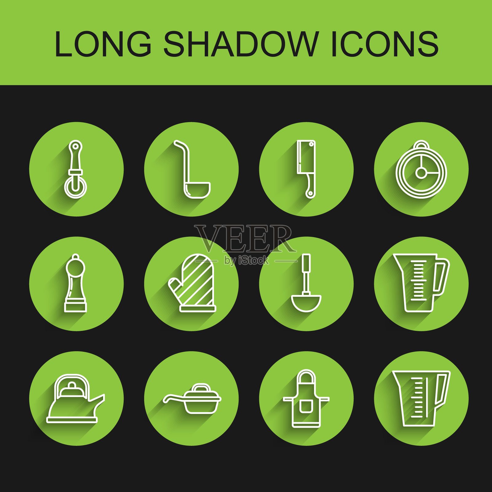 设置线水壶与手柄，煎锅，披萨刀，厨房围裙，量杯，烤箱手套，和勺子图标。向量插画图片素材