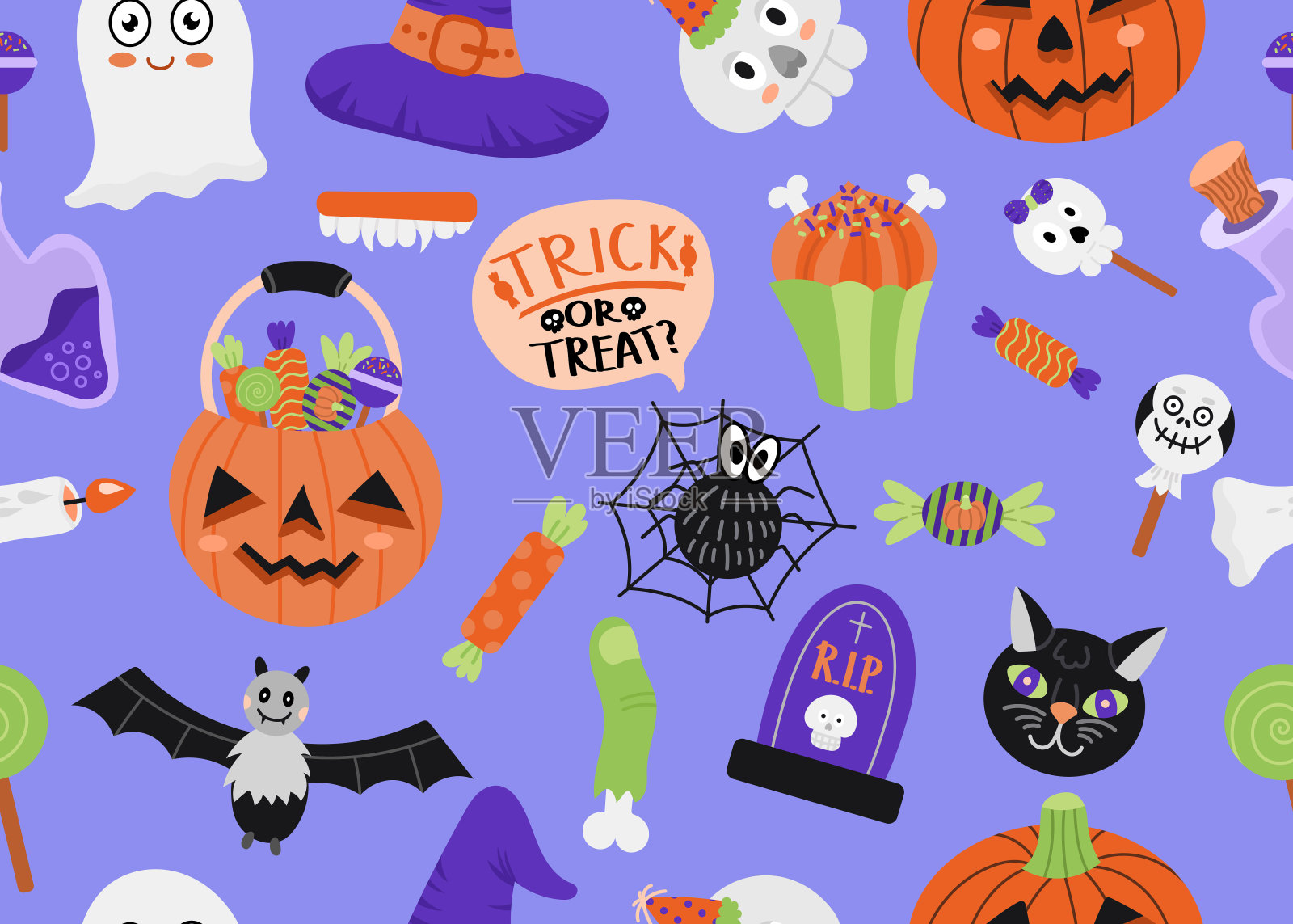 无缝图案矢量卡通插图万圣节的主题。彩色平面设计插画图片素材