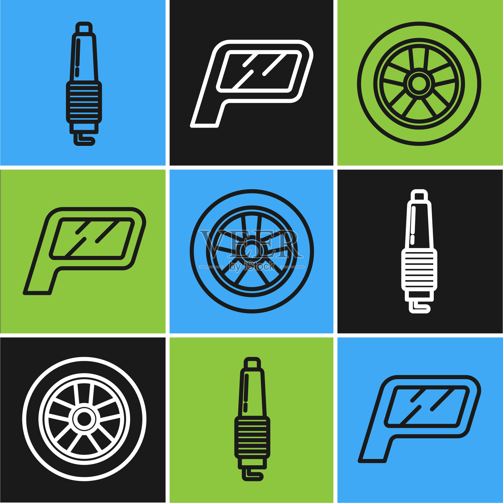 设置线汽车火花塞，汽车车轮和汽车后视镜图标。向量插画图片素材