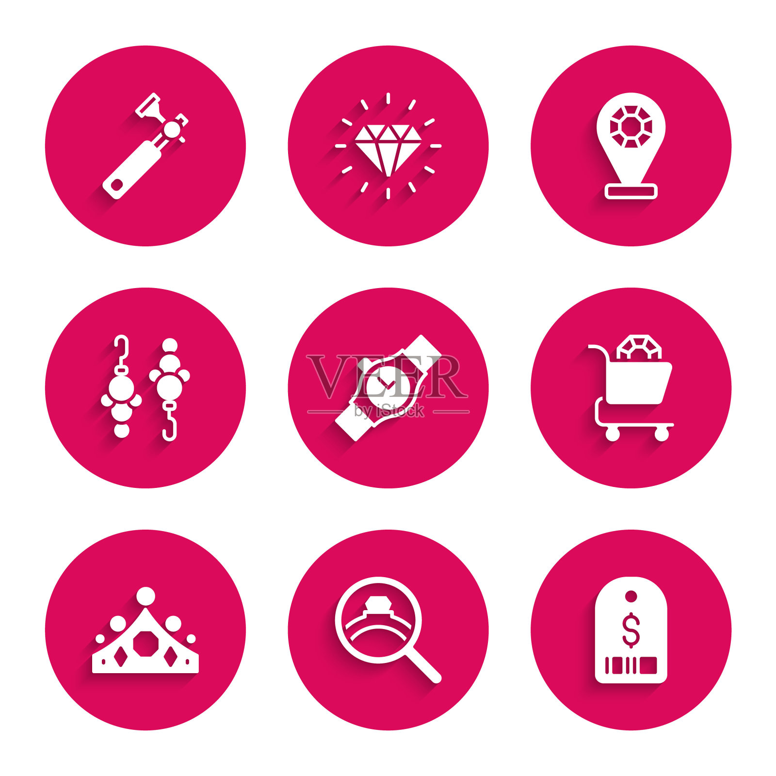 集手表，钻石订婚戒指，价格标签与美元，珠宝网上购物，国王皇冠，耳环，商店和珠宝商lupe图标。向量插画图片素材