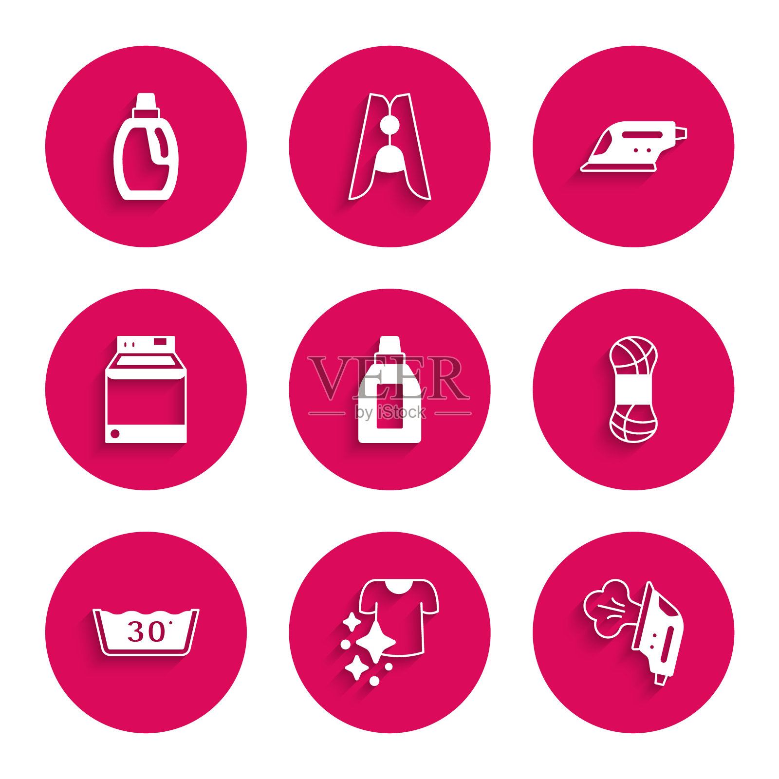 集瓶清洗剂，干衣，电熨斗，纱，温度洗涤，洗衣机，和图标。向量插画图片素材