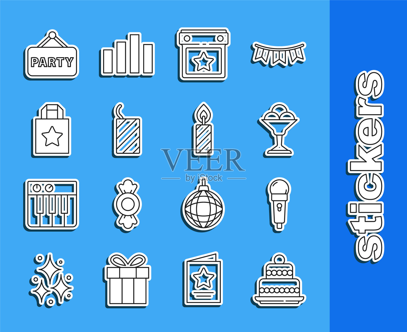 设线蛋糕，麦克风，冰淇淋在碗，日历派对，烟花火箭，纸购物袋，招牌和生日蛋糕蜡烛图标。向量插画图片素材