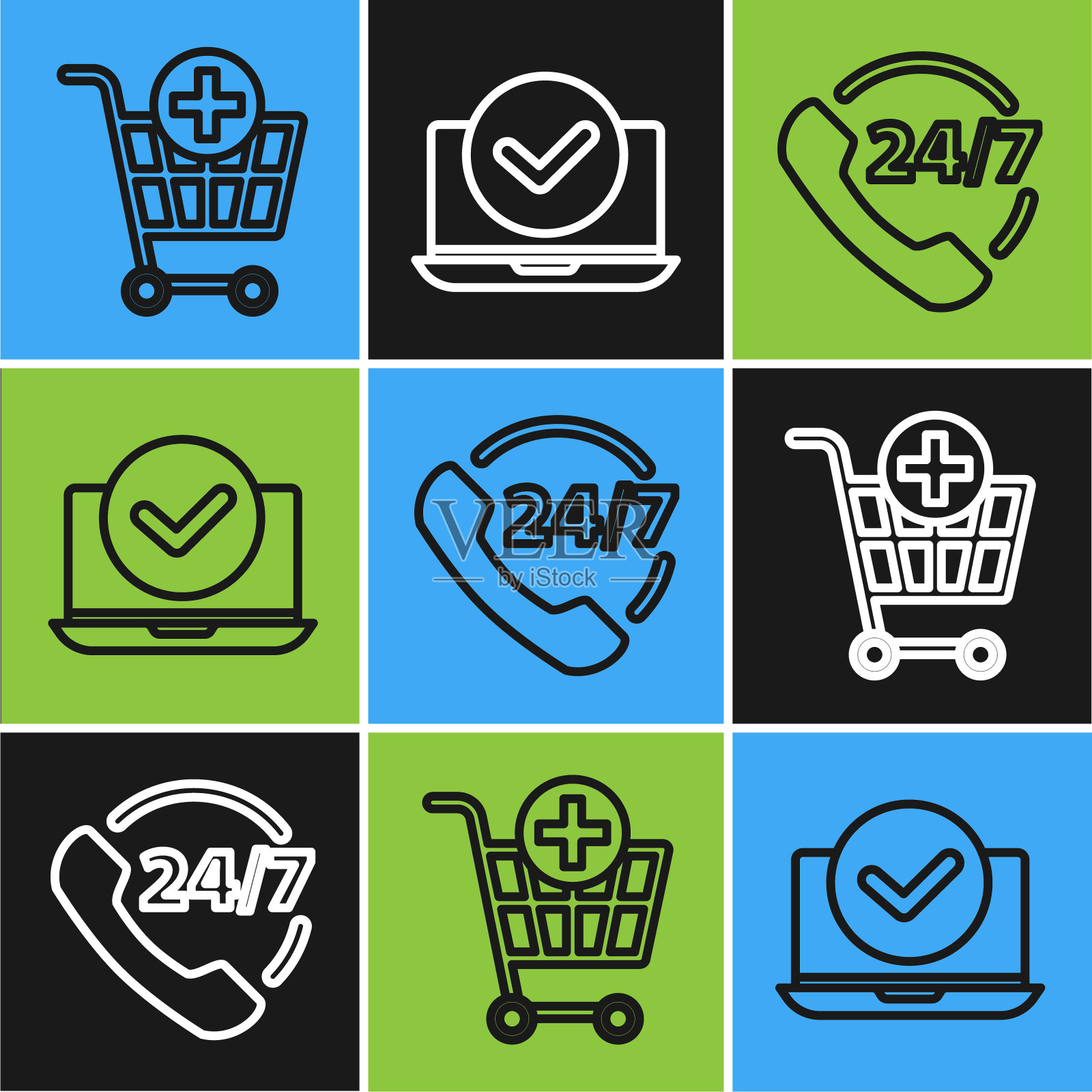 设置线路添加到购物车，电话24小时支持和笔记本电脑图标。向量插画图片素材