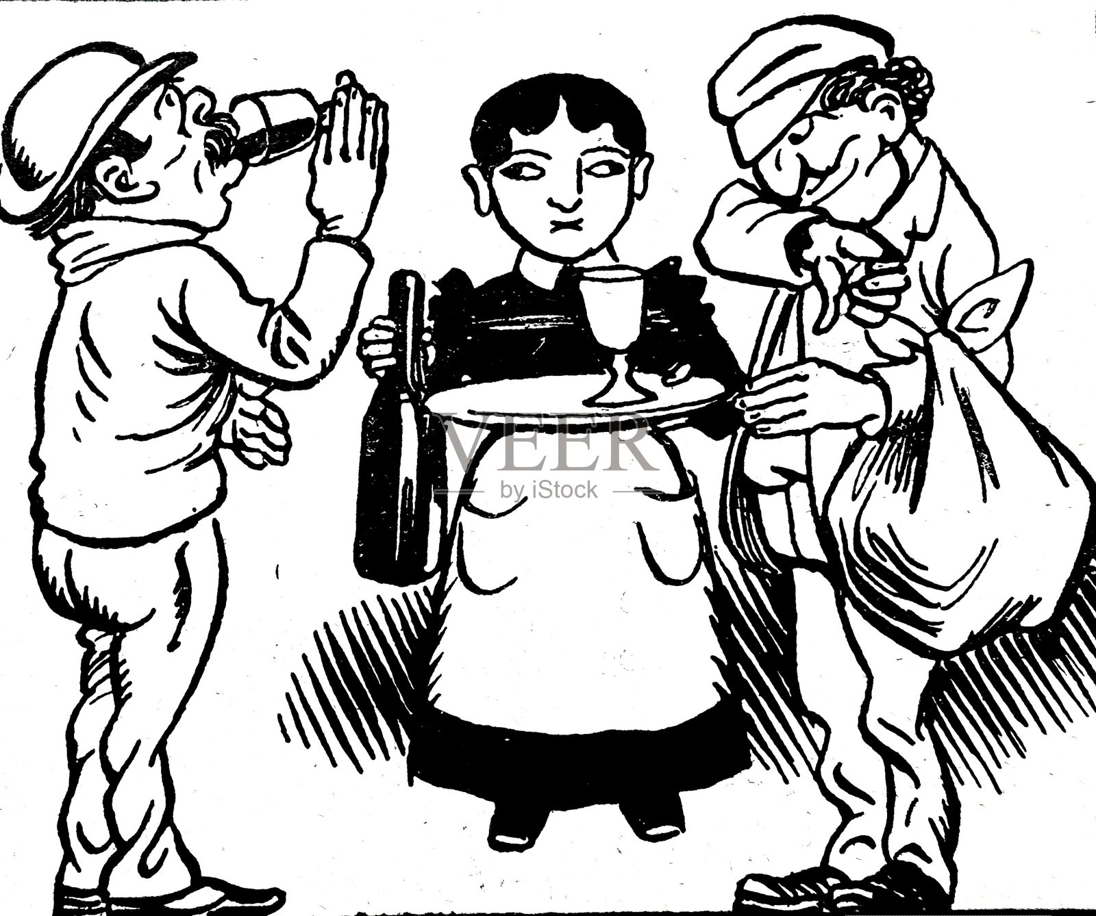 两个男人在喝女仆端来的酒插画图片素材