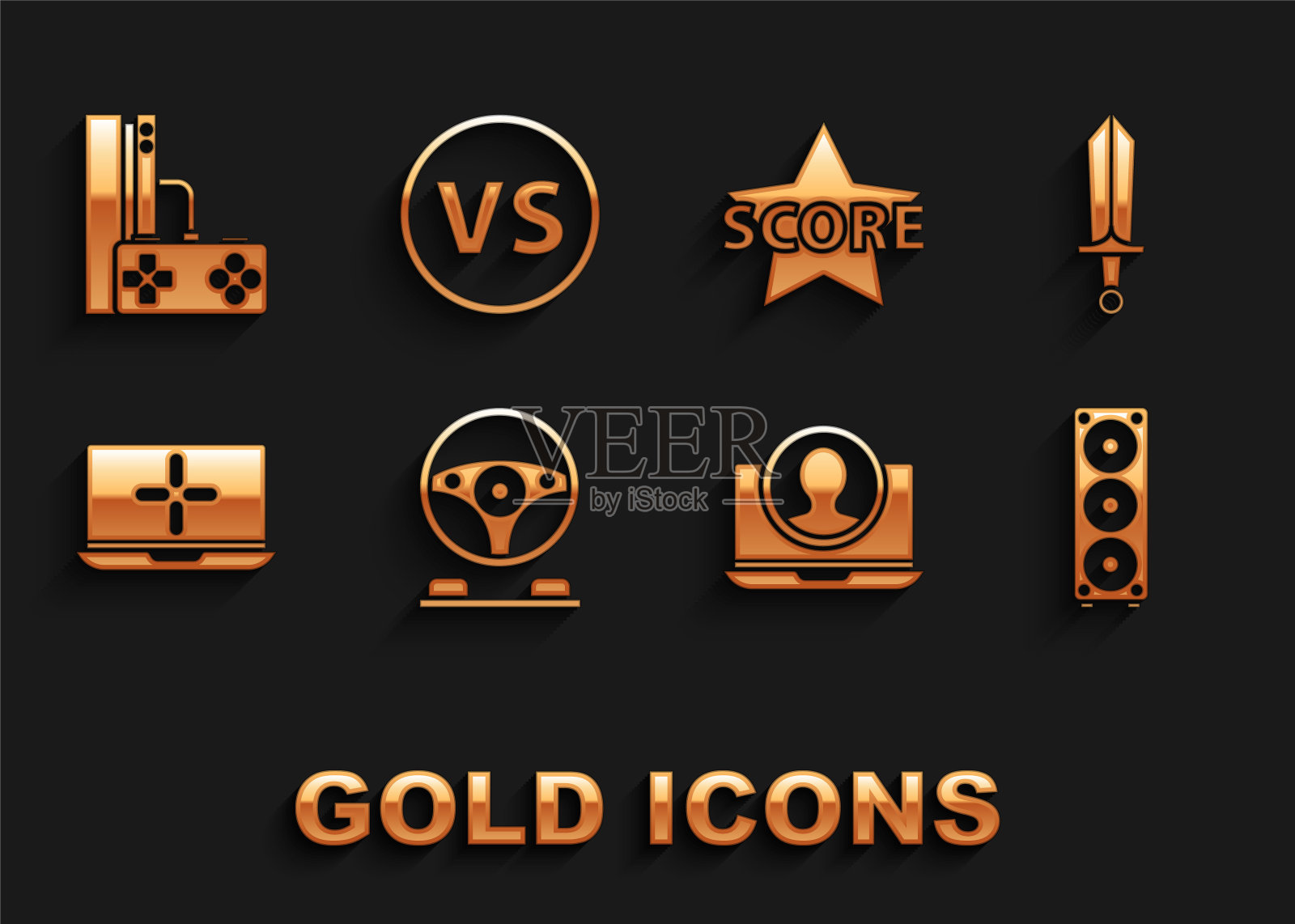 设置赛车模拟器座舱，游戏剑，立体声扬声器，创建帐户屏幕，笔记本电脑，星星，游戏机与操纵杆和VS对战图标。向量插画图片素材