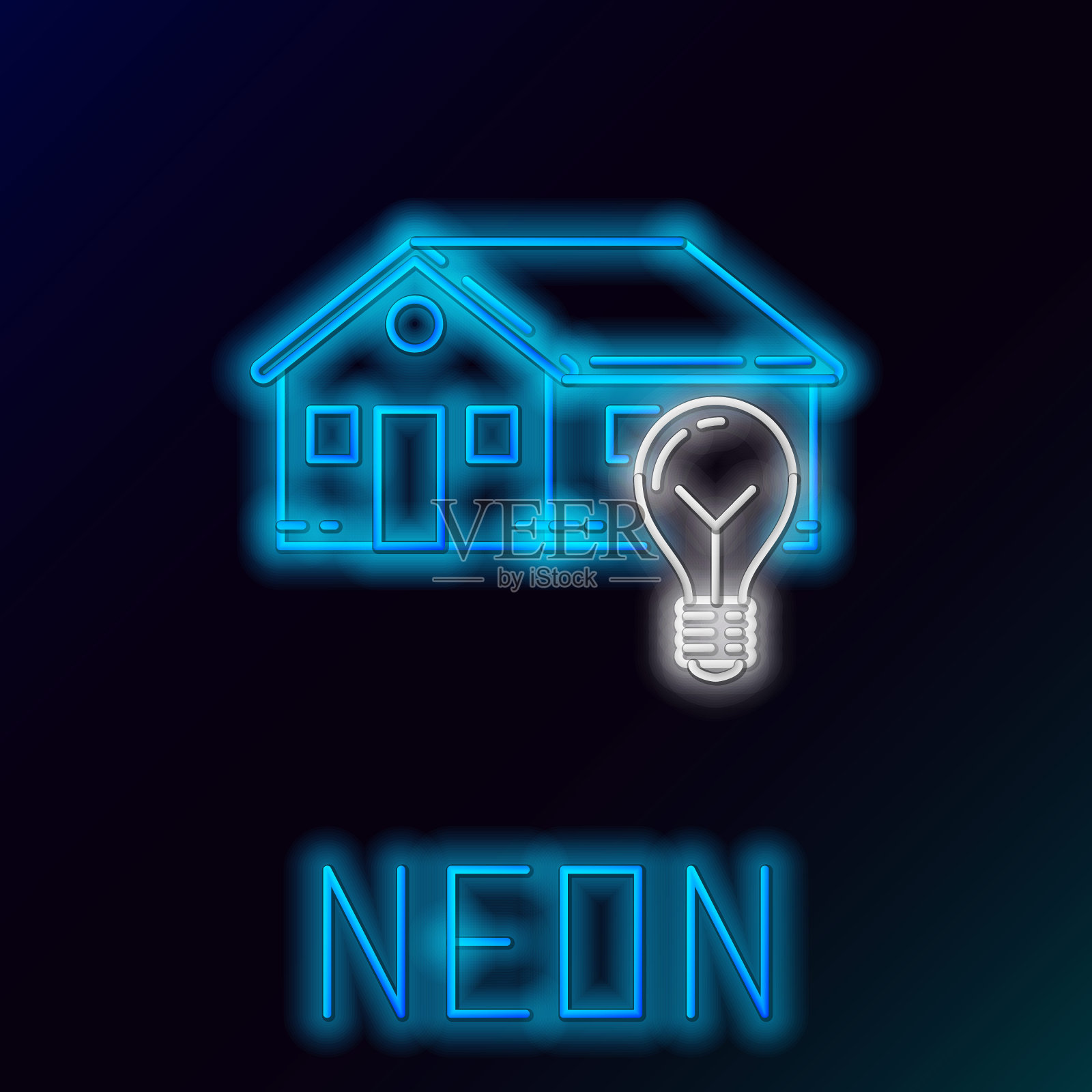 蓝色发光的霓虹灯线智能房子和灯泡图标孤立在黑色背景。色彩缤纷的轮廓概念。矢量图插画图片素材
