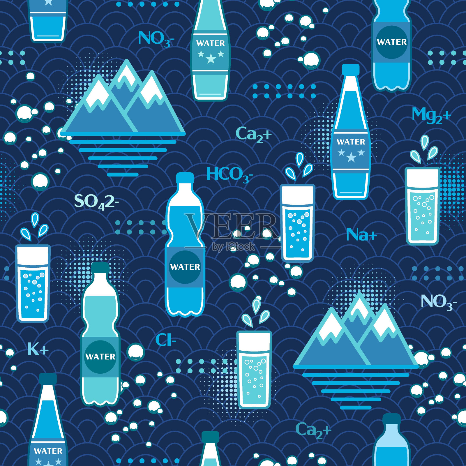 无缝图案与矿泉水图标，设计元素在平面简单的几何风格。用于品牌、食品包装装饰、封面设计、纺织厨房印花插画图片素材