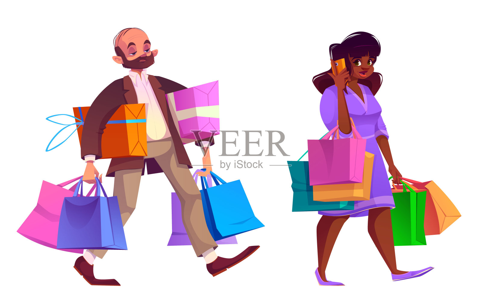 拿着购物袋的人。商场里的男女顾客插画图片素材