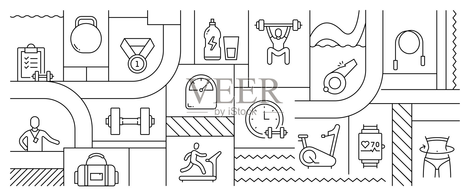 健身和锻炼相关的线条风格横幅设计的网页，标题，小册子，年度报告和书籍封面插画图片素材