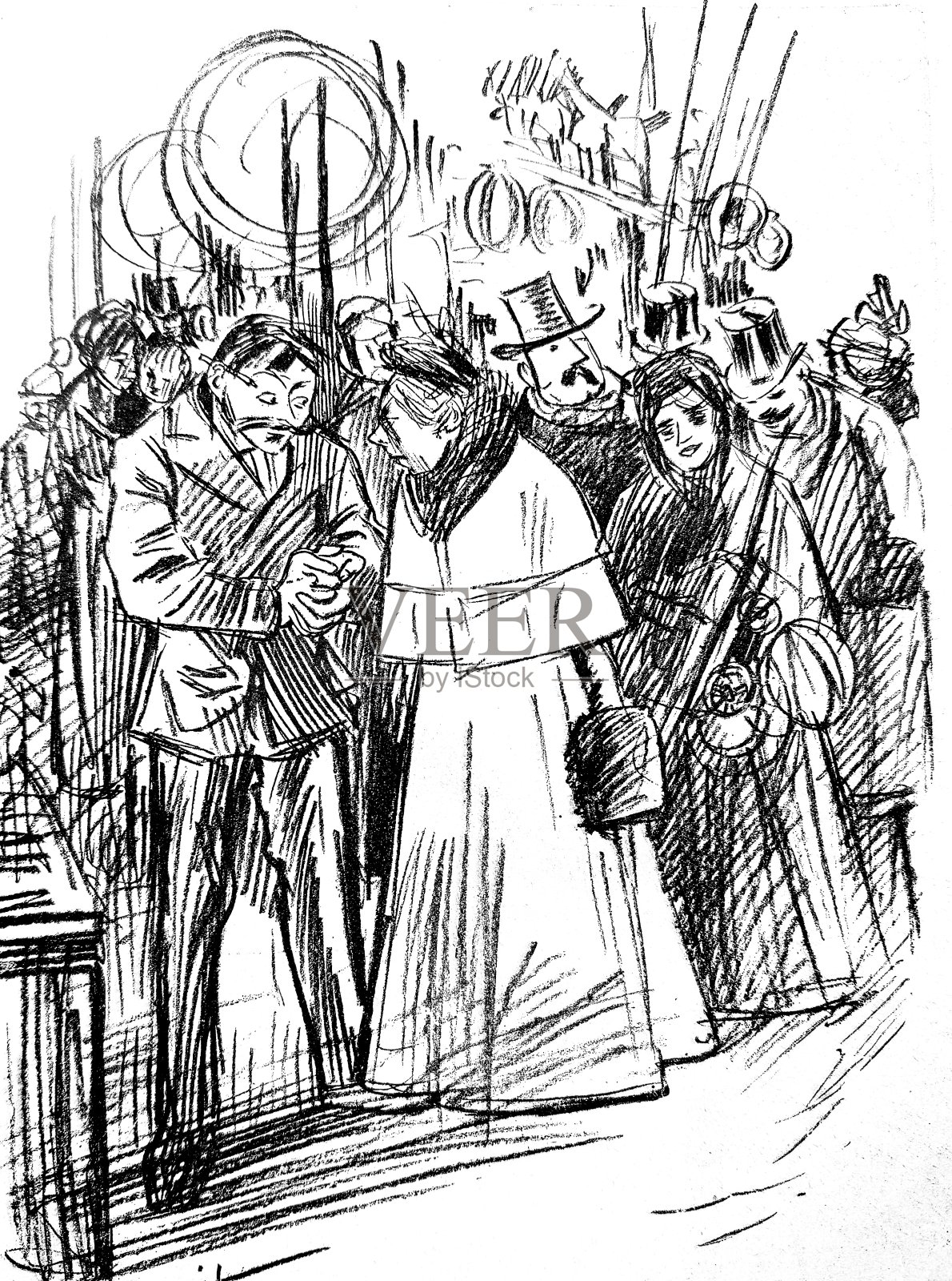 一对夫妇站在大厅的入口处，在许多其他夫妇面前成为一个高峰插画图片素材