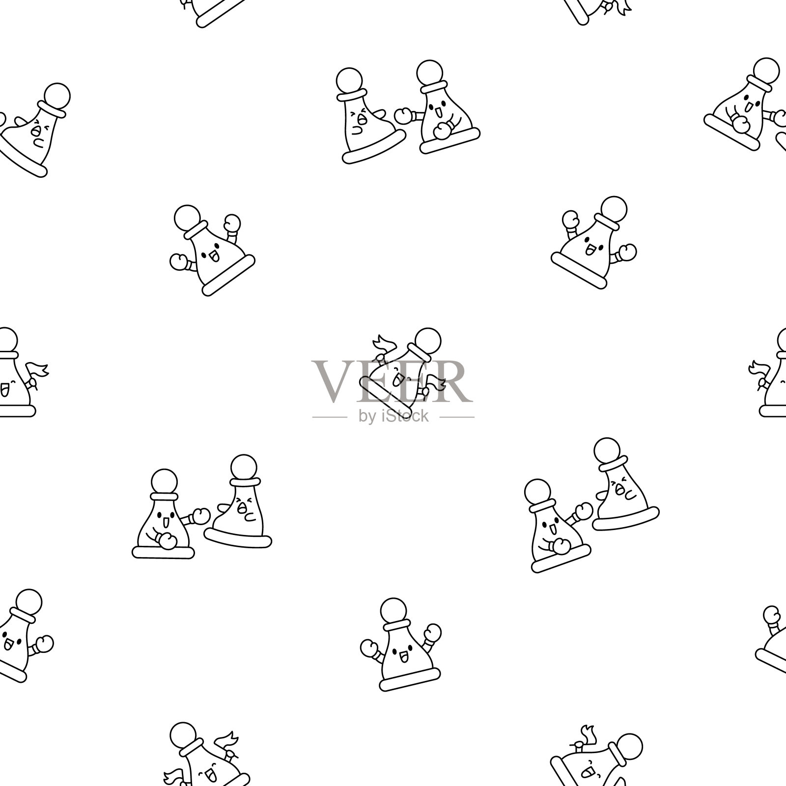 可爱的棋子，笑脸相迎。无缝模式。着色页面。卡哇伊卡通人物。手绘风格。矢量图。设计的饰品。插画图片素材