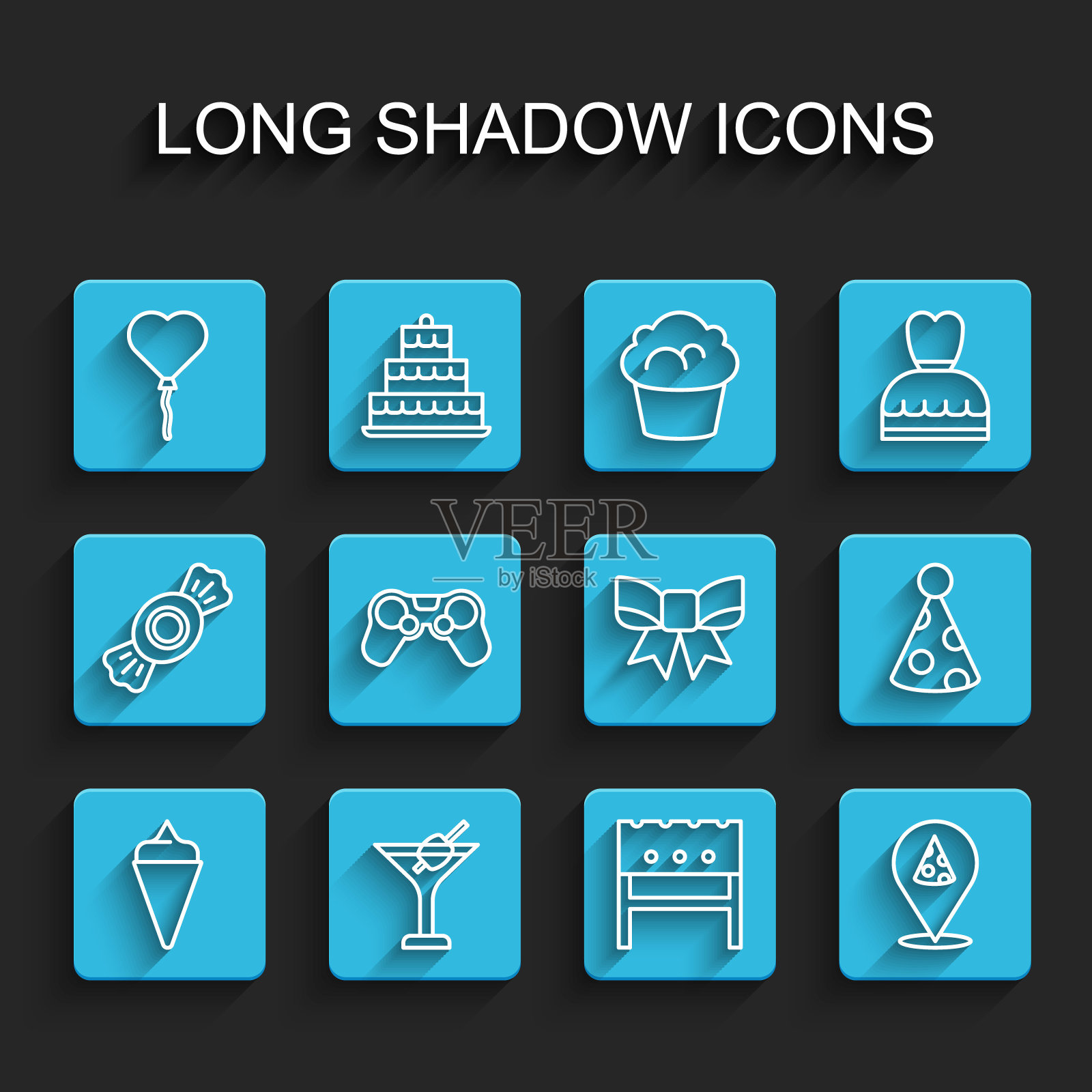 集线冰淇淋在华夫蛋筒，马提尼杯，气球形式的心脏，烧烤火盆，切片披萨，游戏手柄，派对帽和礼物蝴蝶结图标。向量插画图片素材