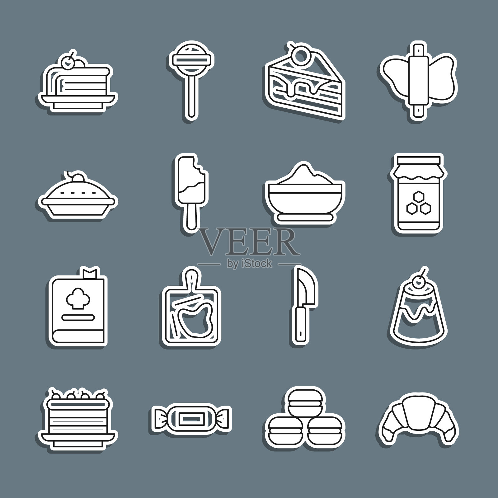 设置线羊角面包，布丁蛋奶沙司，蜂蜜罐，块蛋糕，冰淇淋，自制派，和面粉碗图标。向量插画图片素材