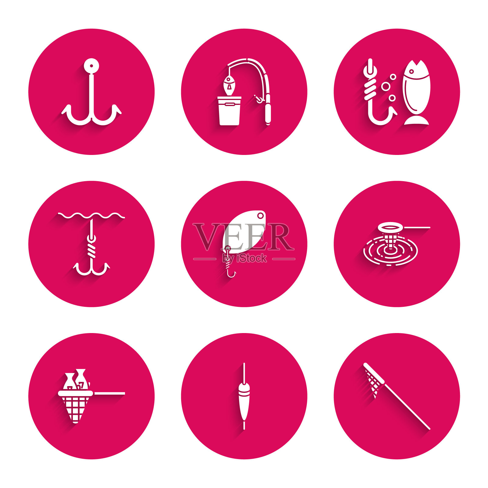 设置钓鱼勺，浮子，网，水，鱼，钩下，和图标。向量插画图片素材