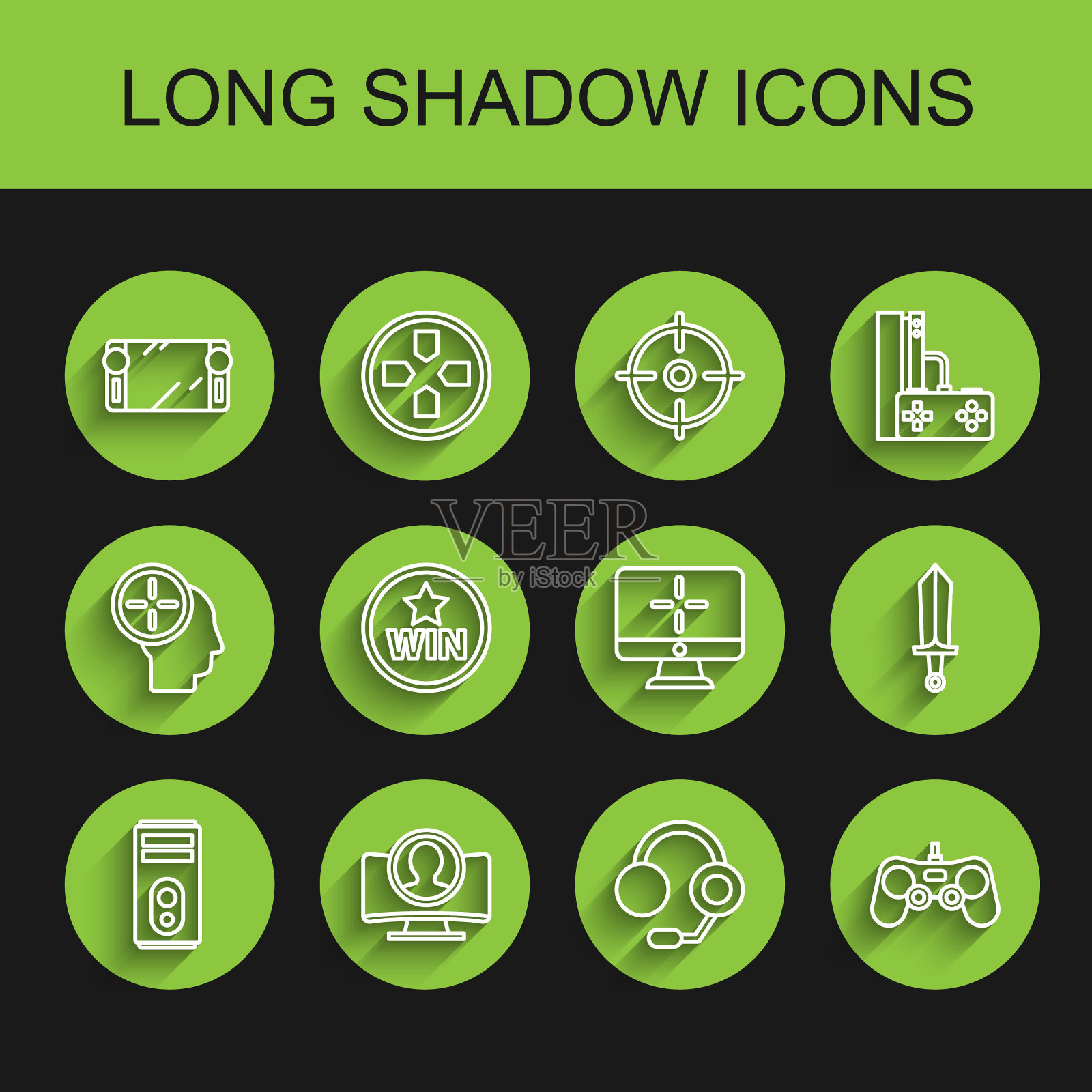 设置线电脑，创建帐户屏幕，便携式视频游戏机，耳机，手柄，奖章，剑和显示器图标。向量插画图片素材