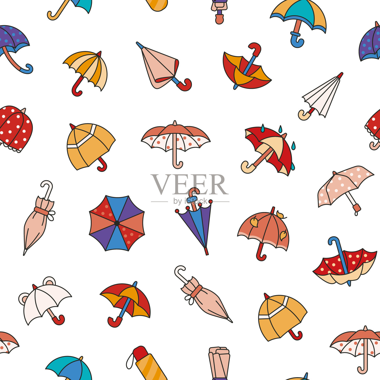 开伞和闭伞。无缝模式。秋天或春天。防雨。手绘风格。矢量图。设计的饰品。插画图片素材