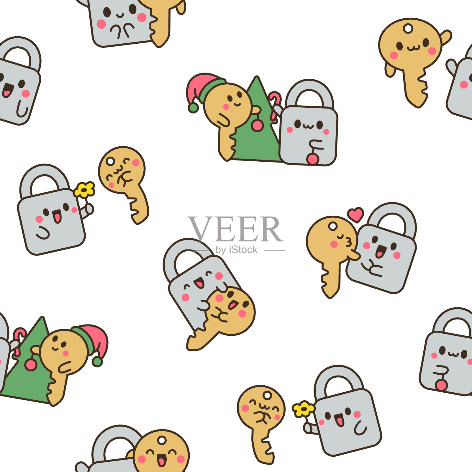 可爱的卡哇伊挂锁和钥匙。无缝模式。一对卡通人物。手绘风格。矢量图。设计的饰品。插画图片素材