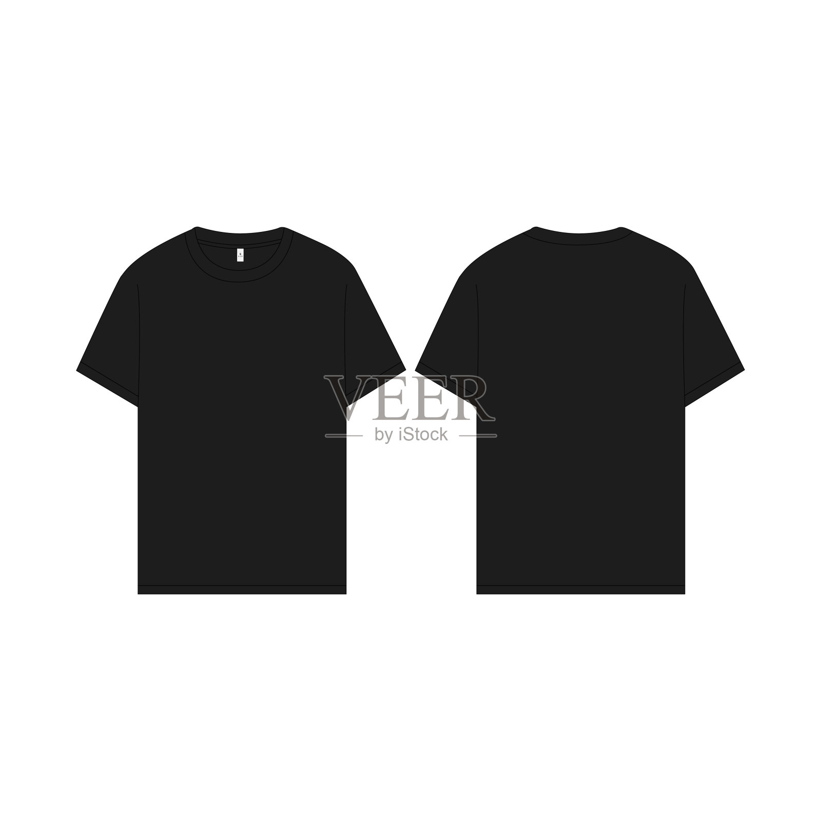空白t恤矢量模型模板黑色图形t恤模型设计t恤CAD模型空白t恤矢量模型-黑色图形t恤设计-中性t恤CAD模型-正面和背面视图服装插图插画图片素材