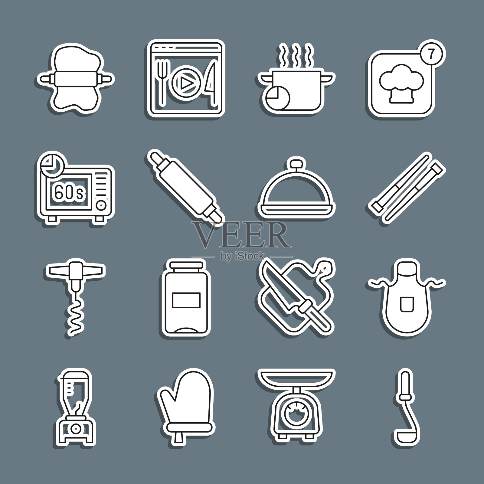 设置厨房勺子，围裙，食物筷子，烹饪锅，擀面杖，微波炉，面团和覆盖的食物图标托盘。向量插画图片素材