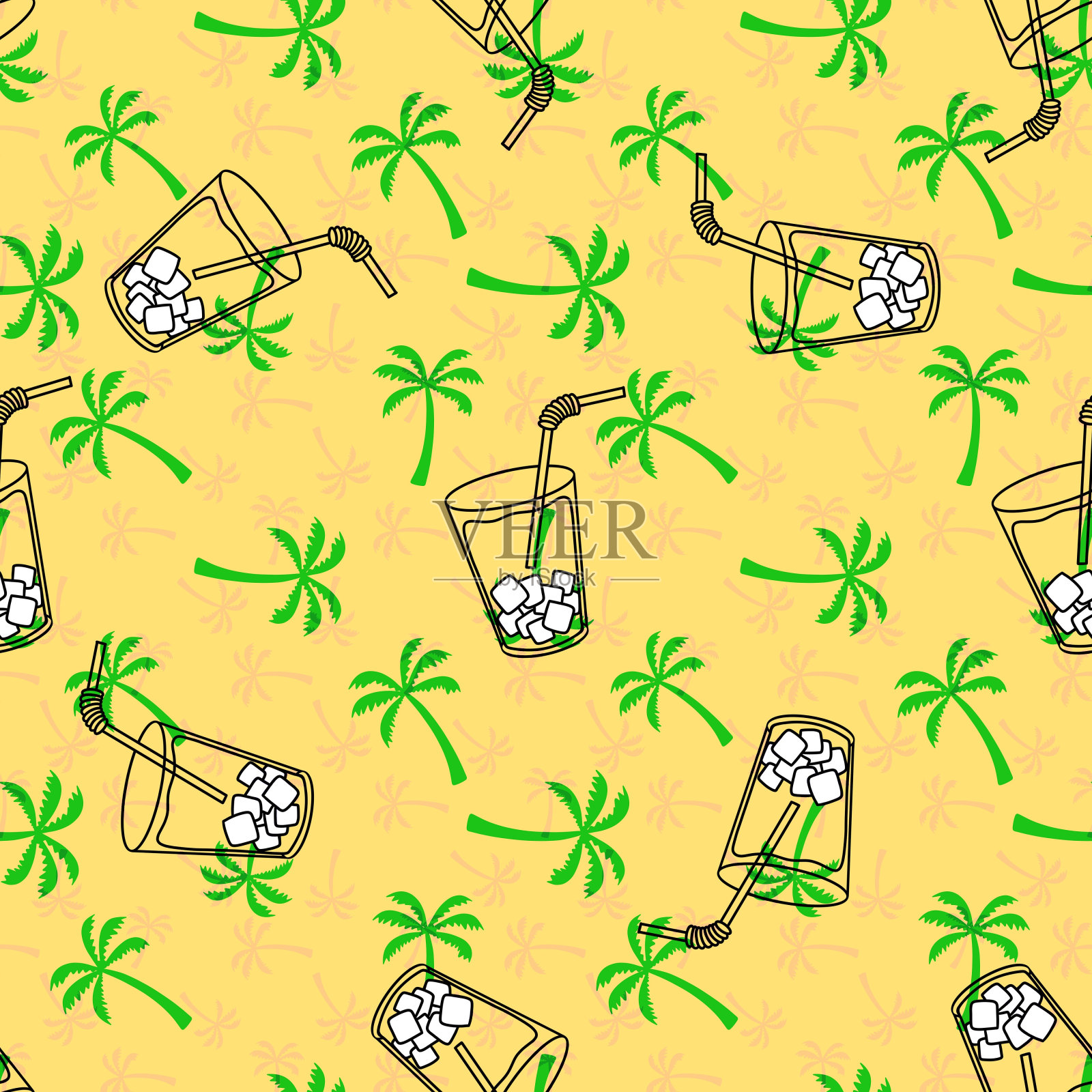 夏日畅饮无缝鸡尾酒卡通冰纹包装纸插画图片素材