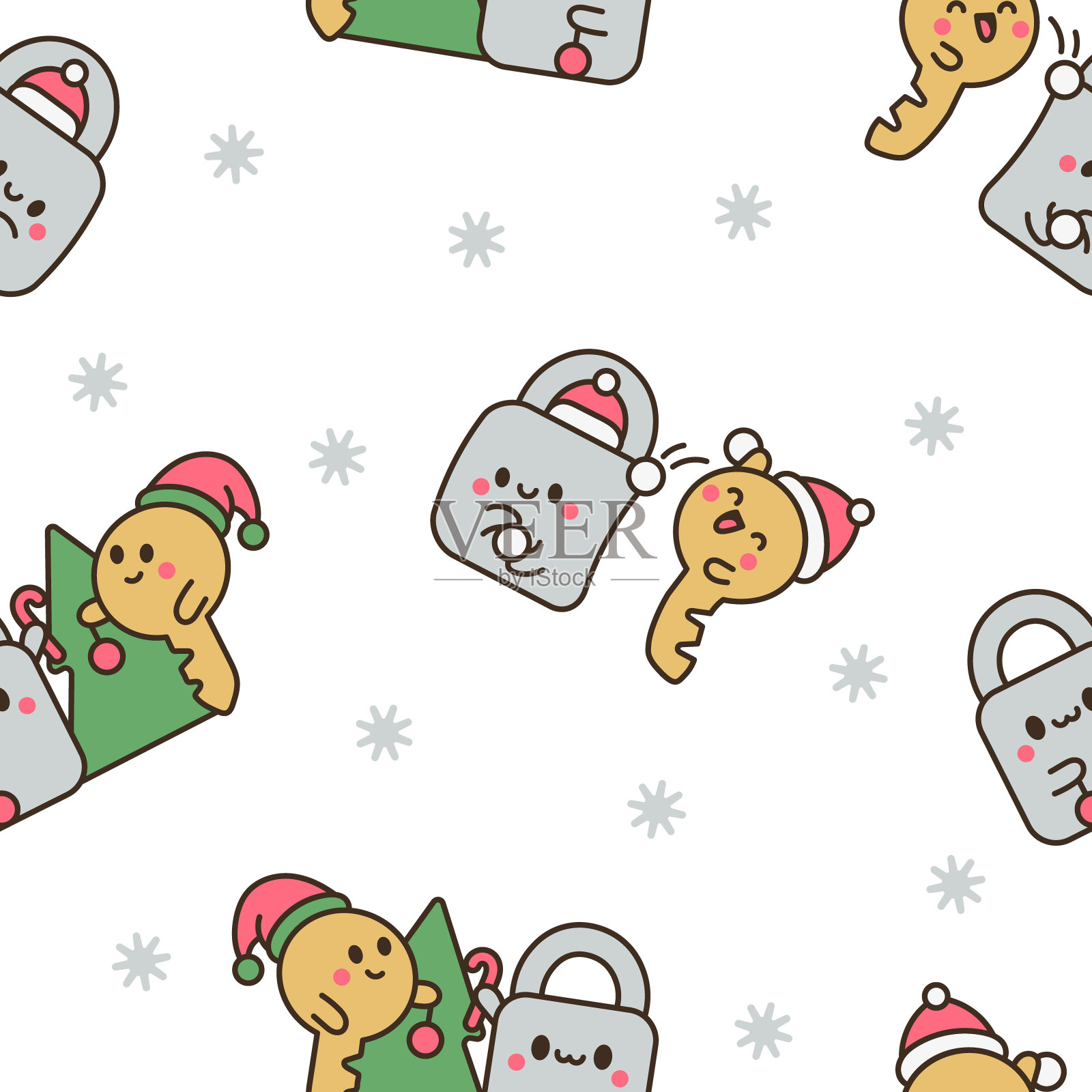 可爱的卡哇伊挂锁和钥匙。无缝模式。一对卡通人物。手绘风格。矢量图。设计的饰品。插画图片素材