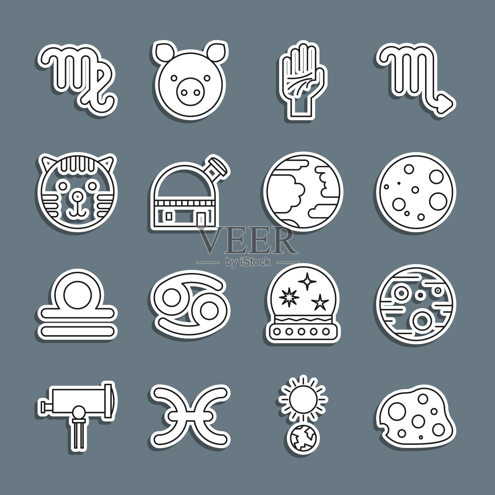 设置线小行星，行星火星，月亮，手掌，天文观测台，虎生肖，处女座和水星图标。向量插画图片素材