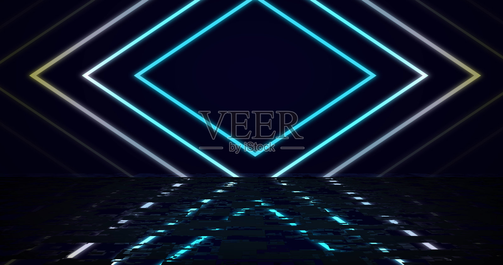 抽象科技背景，夜店夜生活背景。迪斯科灯音乐音乐会灯光显示发光闪亮的方形几何激光环路与反射。颁奖典礼活动。插画图片素材