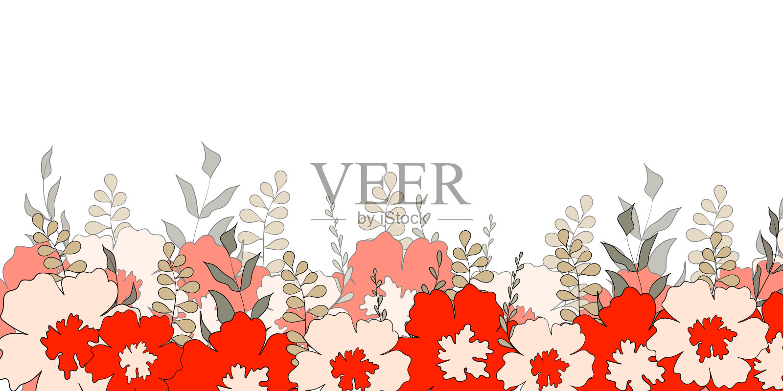 你好，春季横幅系列。背景用彩色叶、花。自然概念设计。现代花卉组合在时尚的平面简单的风格。矢量插图海报，贺卡插画图片素材