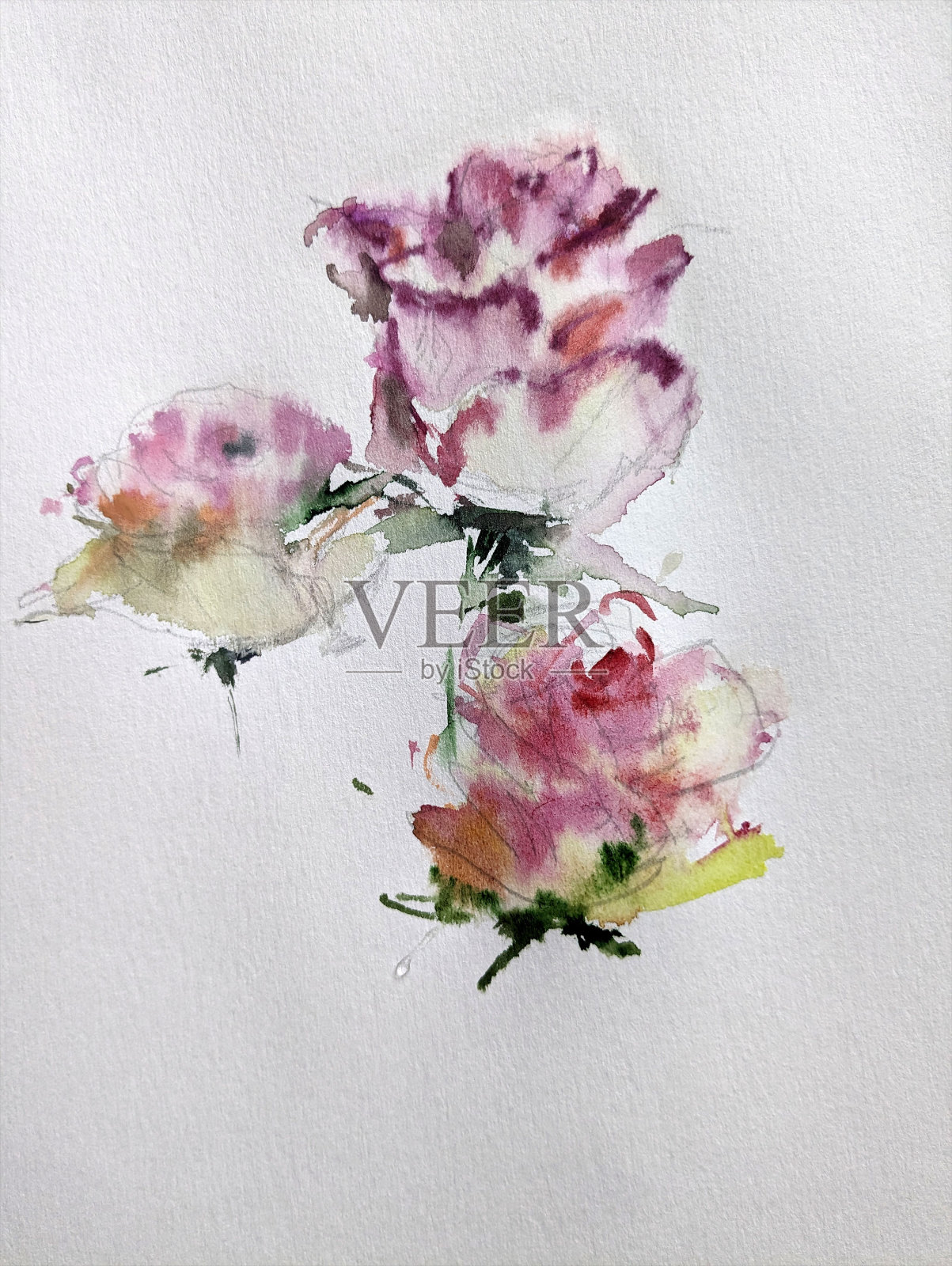 抽象明亮的彩色装饰背景。手工花卉图案。美丽温柔浪漫的玫瑰花束插画图片素材