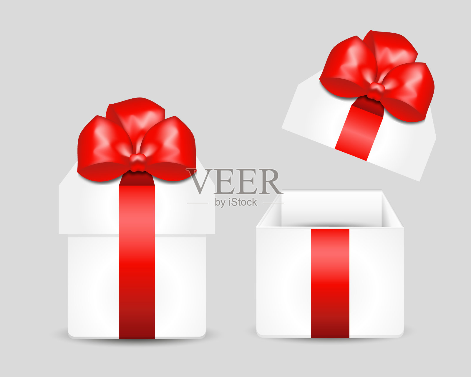 礼品盒套装。打开和关闭白色盒子与红色的蝴蝶结。矢量图插画图片素材